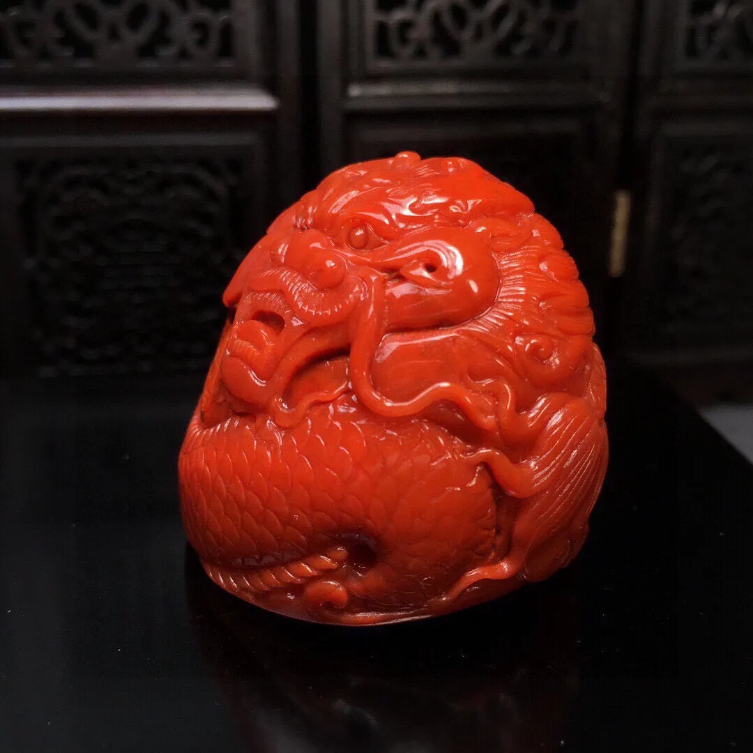 南红雕刻摆件【龙章】柿子红，雕刻精致，晶体油润，规格：36.2×40mm，重量：77.2克