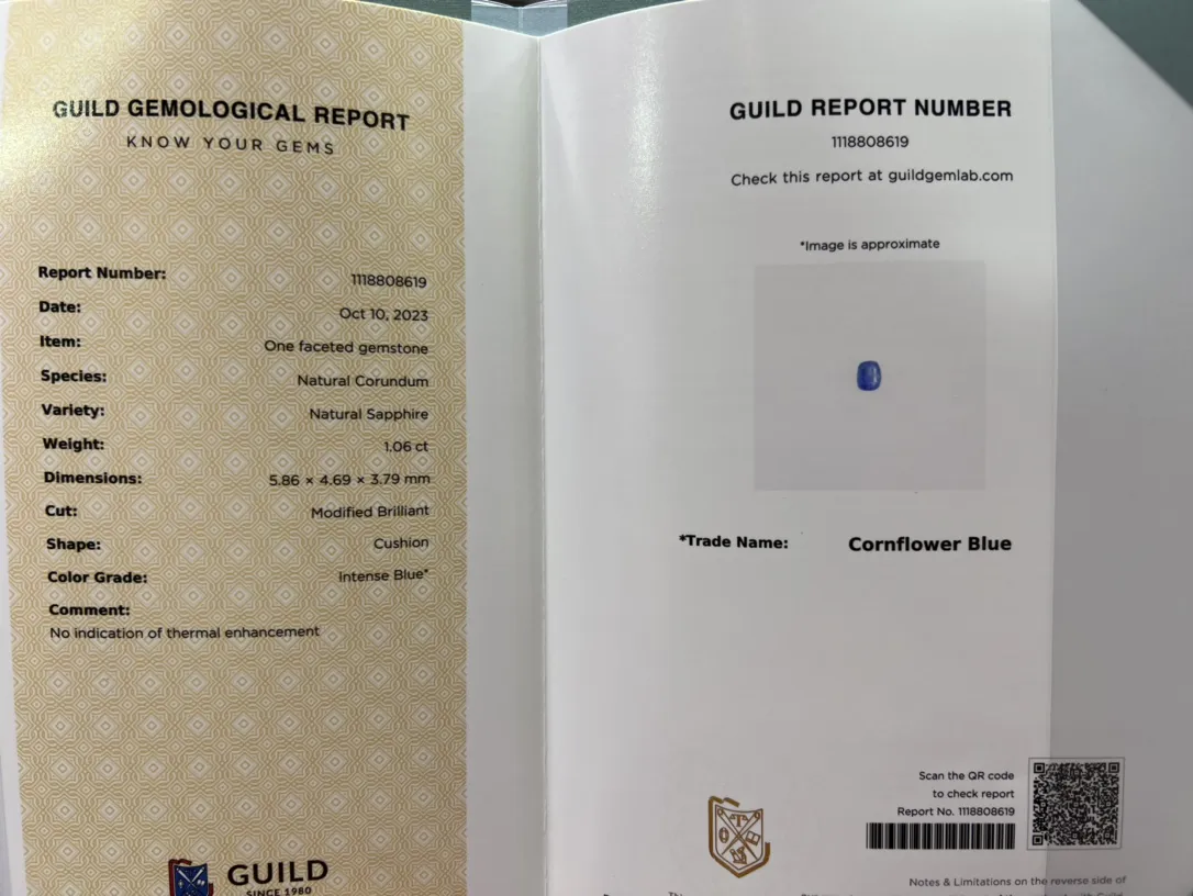 新货:天然矢车菊蓝宝石戒面裸石，颜色美，火彩闪爆，重1.06ct，吉尔德GUILD国际权威证书，实物更美！可代镶嵌！