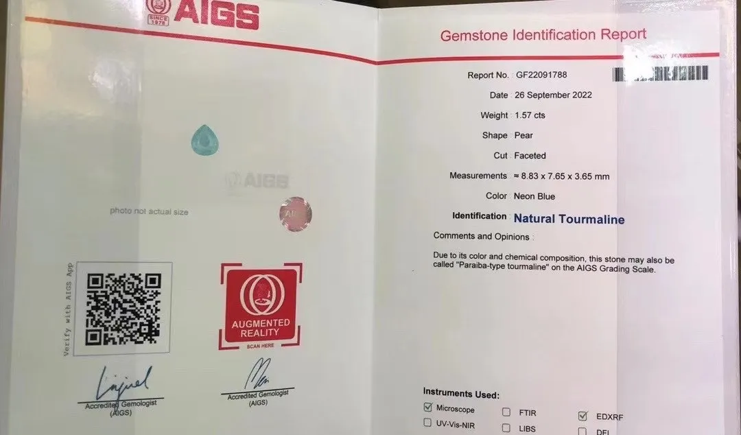 18K重金天然霓虹蓝帕拉伊巴戒指吊坠两用款、晶体通透、南非足反钻石、裸石重1.57克拉、钻石1.45克拉、总重7.88克、14#圈口可改、附AIGS国际证书