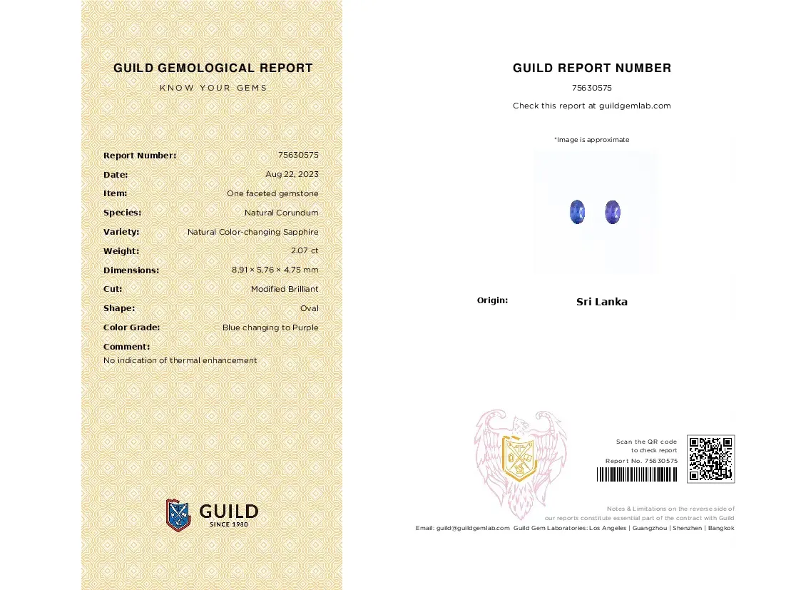 2.07克拉斯里兰卡变色蓝宝石，椭圆形，切工精美，火彩赞，晶体通透，附吉尔德GUILD国际证书！