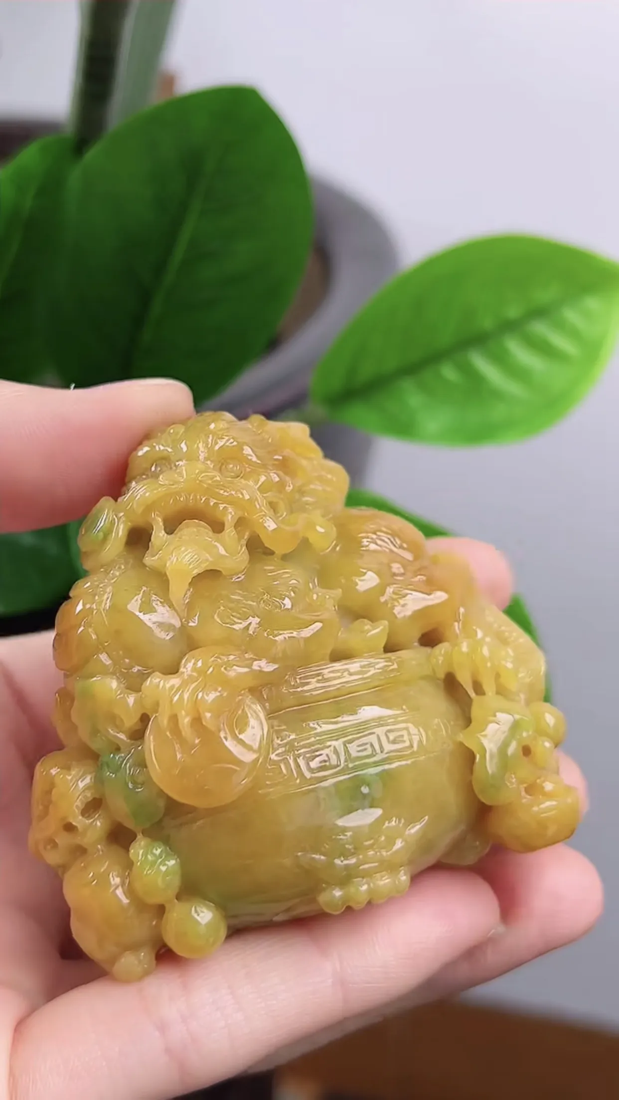 缅甸天然翡翠A货，精美水润，老坑料起胶冰润 三彩俏色黄加绿黄翡 貔貅手把件、小摆件，老坑天然双彩料，立体俏色，精雕细琢，种老水头足，尺寸：59*55*32mm  y148.96  性价比高