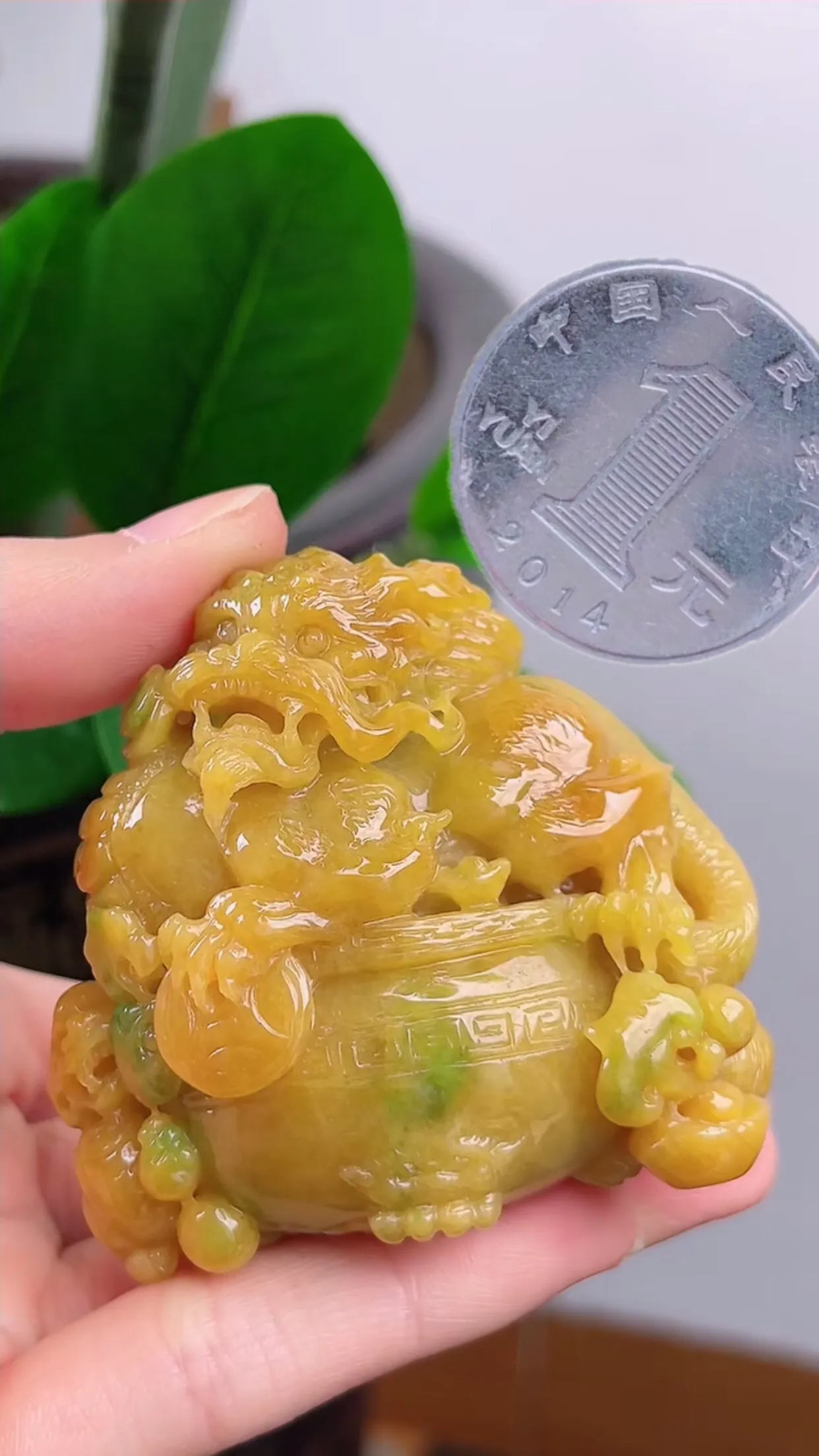 缅甸天然翡翠A货，精美水润，老坑料起胶冰润 三彩俏色黄加绿黄翡 貔貅手把件、小摆件，老坑天然双彩料，立体俏色，精雕细琢，种老水头足，尺寸：59*55*32mm  y148.96  性价比高