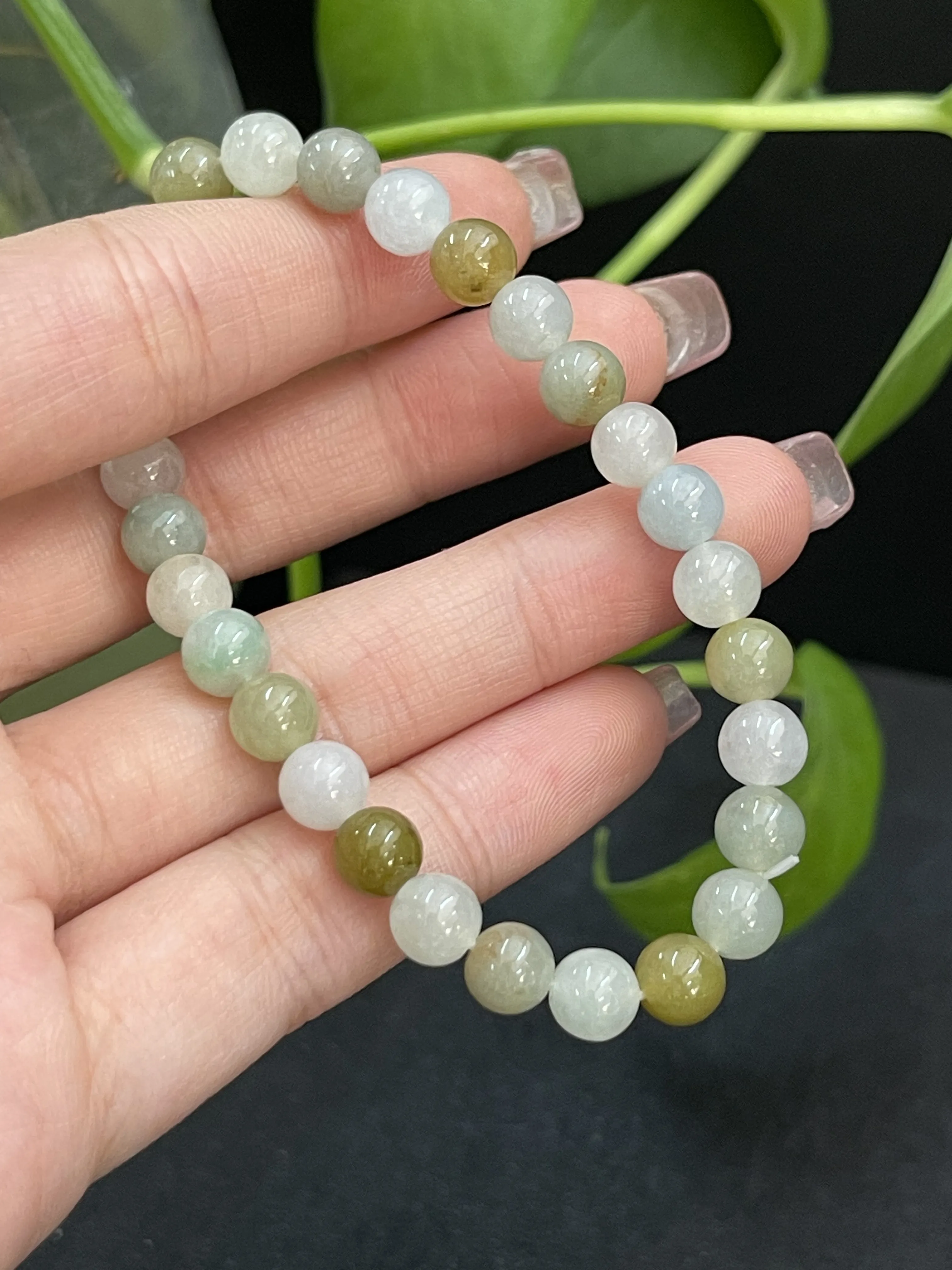 缅甸天然翡翠A货，带黄翡圆珠手串手链，冰冰润润，老坑料种老肉细。