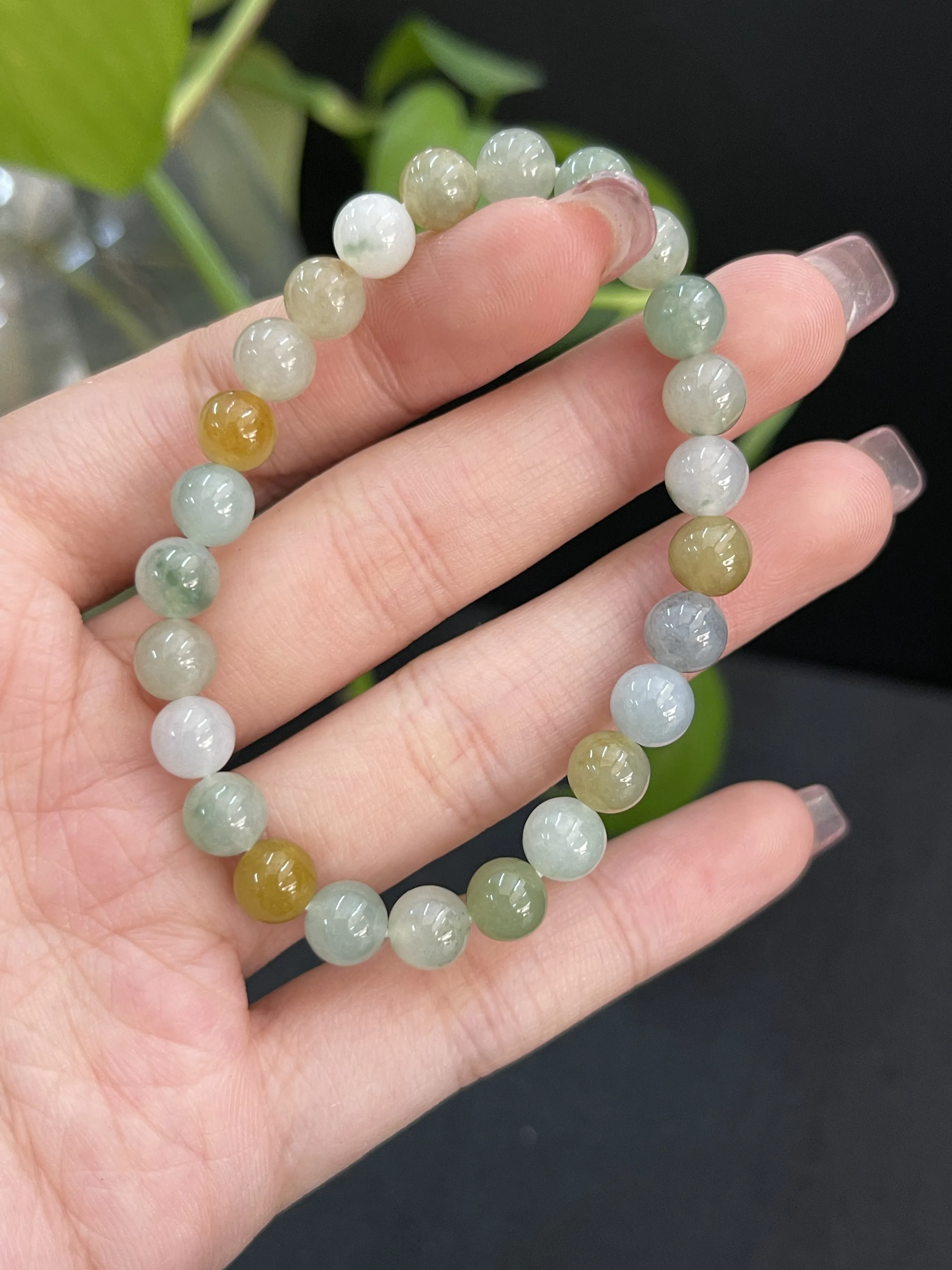 缅甸天然翡翠A货，带黄翡圆珠手串手链，冰冰润润，老坑料种老肉细。