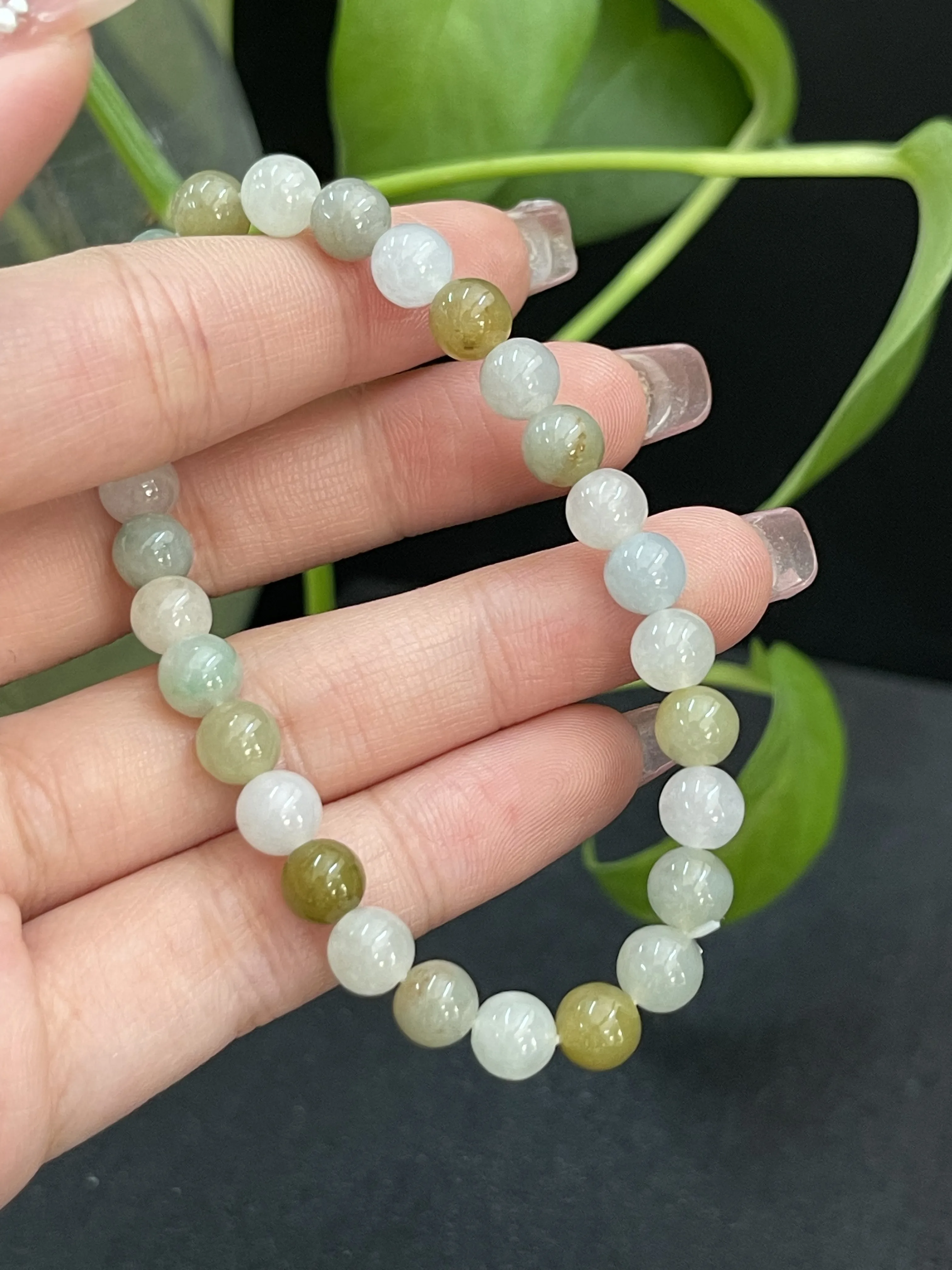 缅甸天然翡翠A货，带黄翡圆珠手串手链，冰冰润润，老坑料种老肉细。