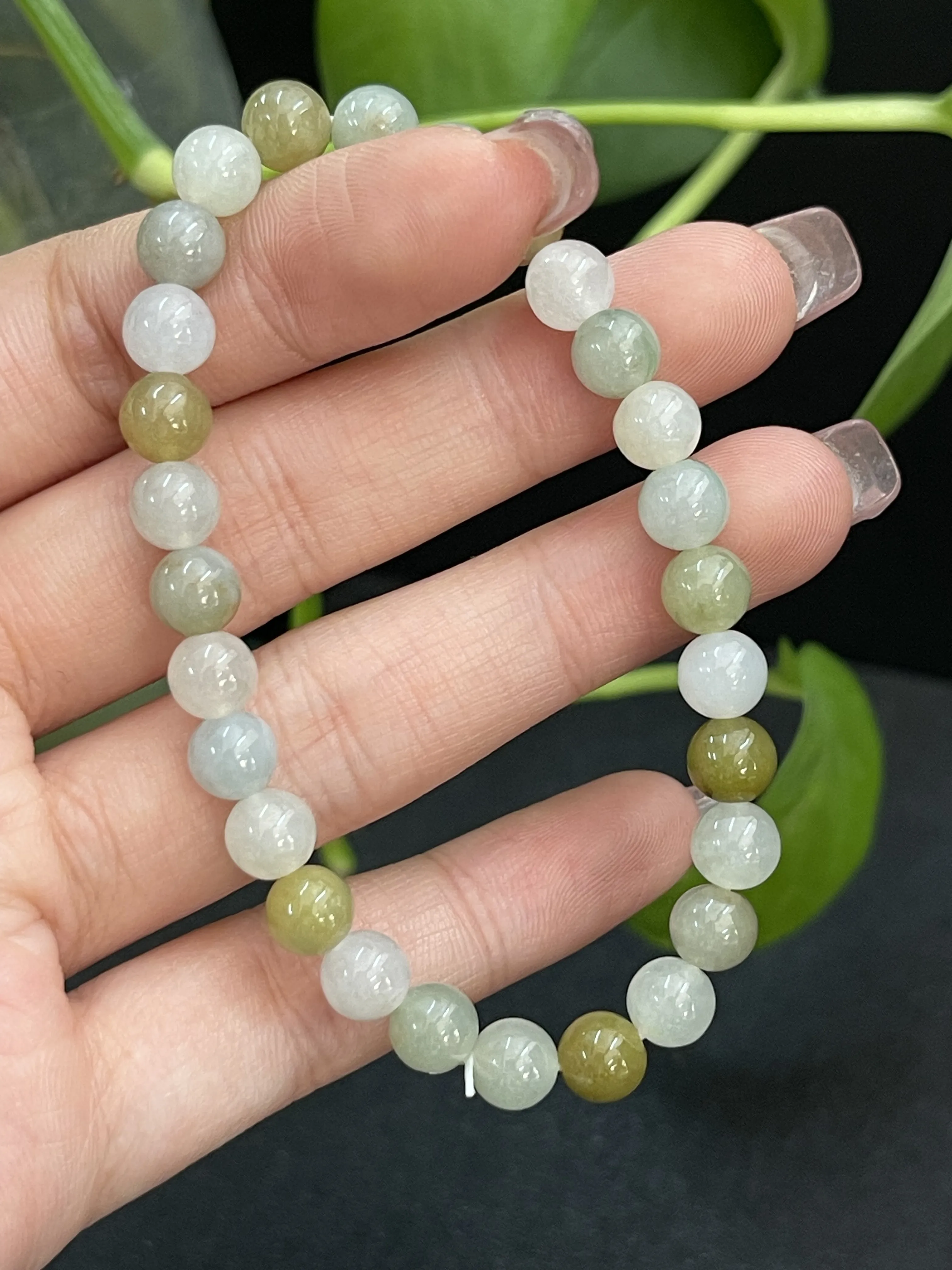 缅甸天然翡翠A货，带黄翡圆珠手串手链，冰冰润润，老坑料种老肉细。