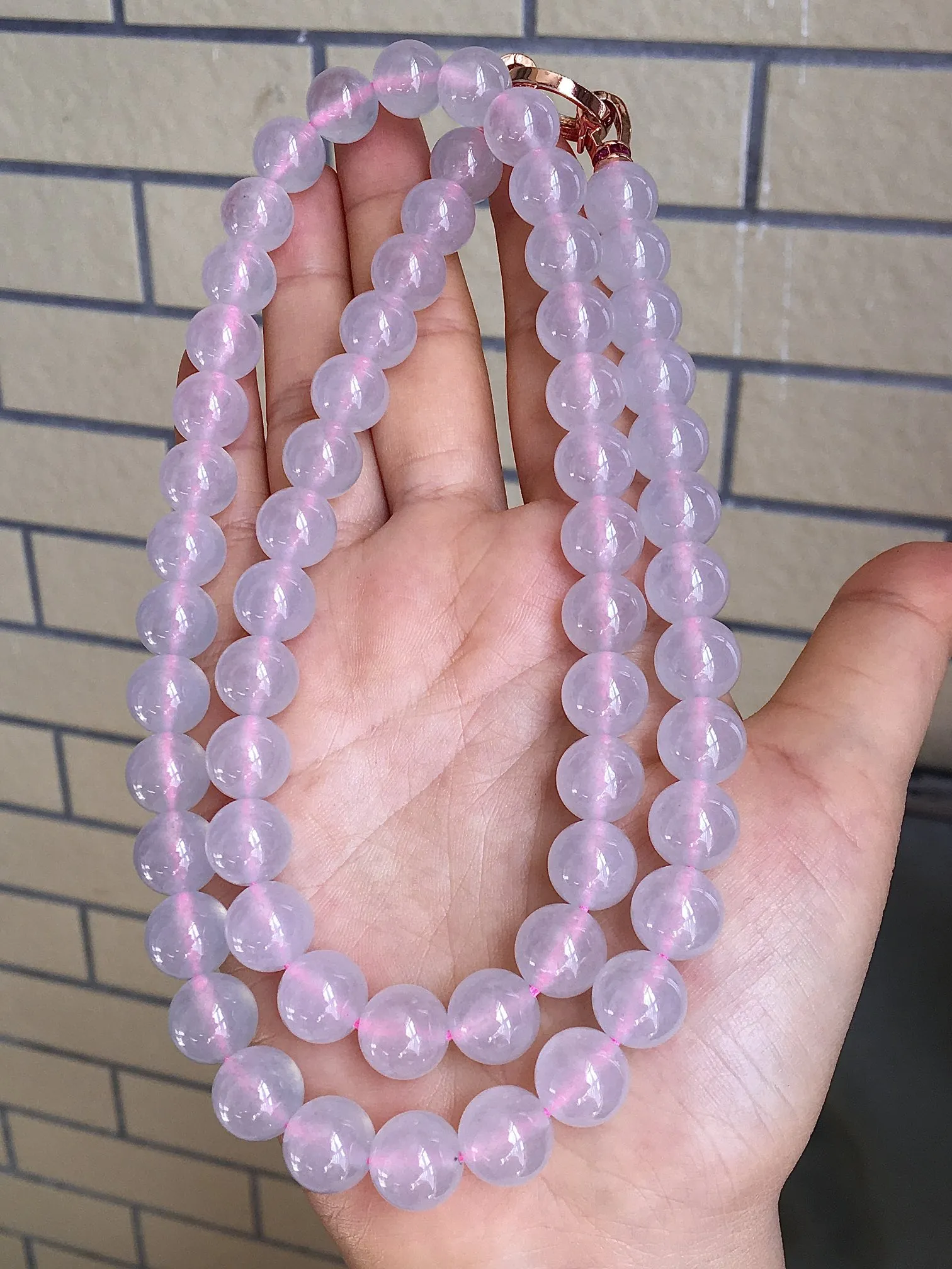 【典藏珍品】玻璃种粉紫珠链，水头足，起光，大颗，尺寸10-60颗