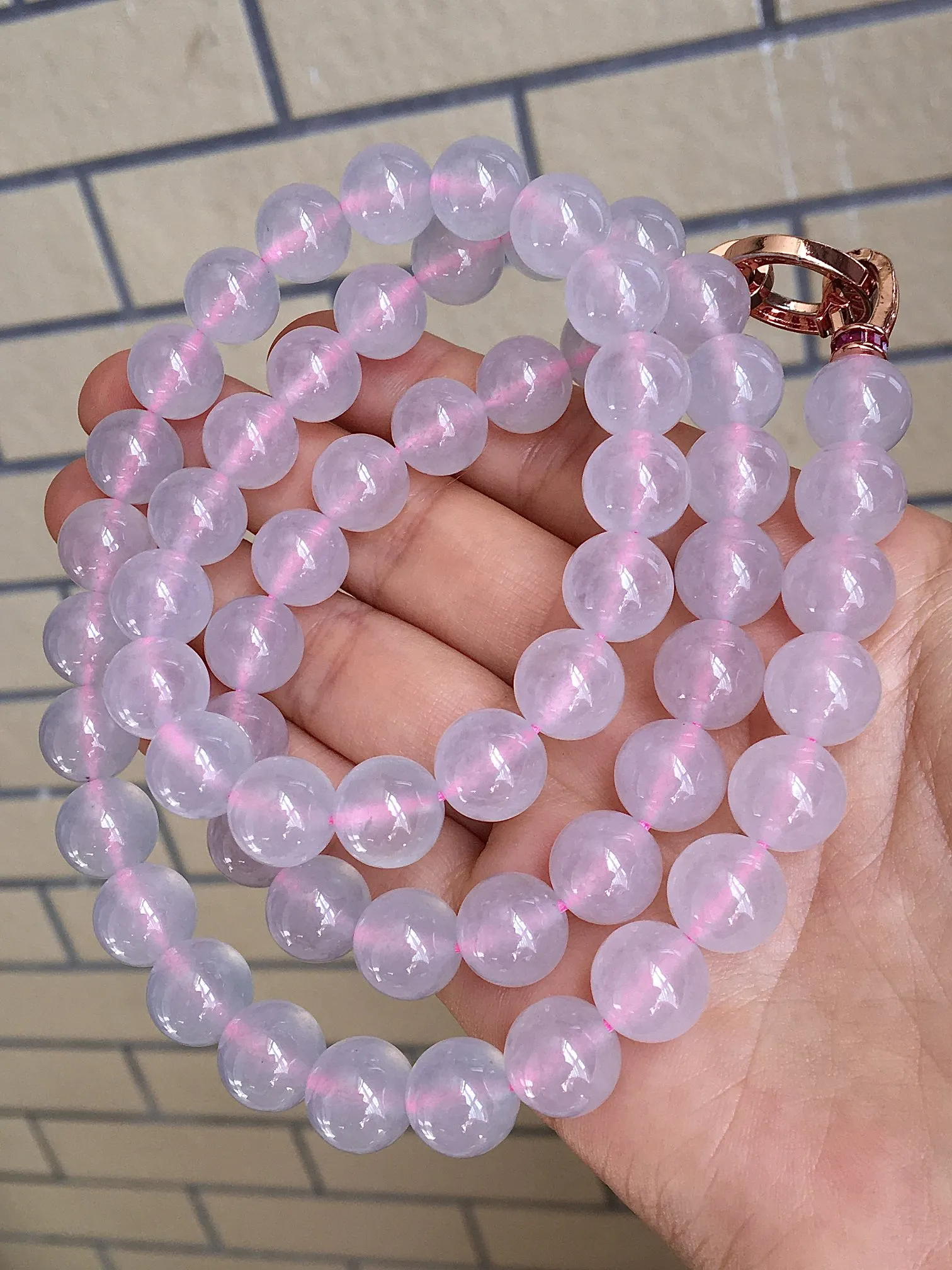 【典藏珍品】玻璃种粉紫珠链，水头足，起光，大颗，尺寸10-60颗