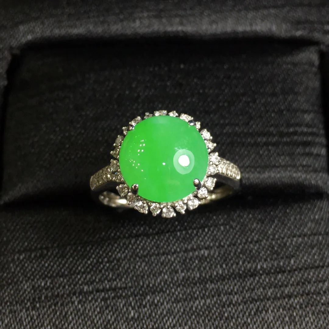 18K金镶玉戒指，14号圈可改，冰满绿，辣绿，天然A货翡翠玉戒面，老坑料，18k金钻石，真金真钻，裸