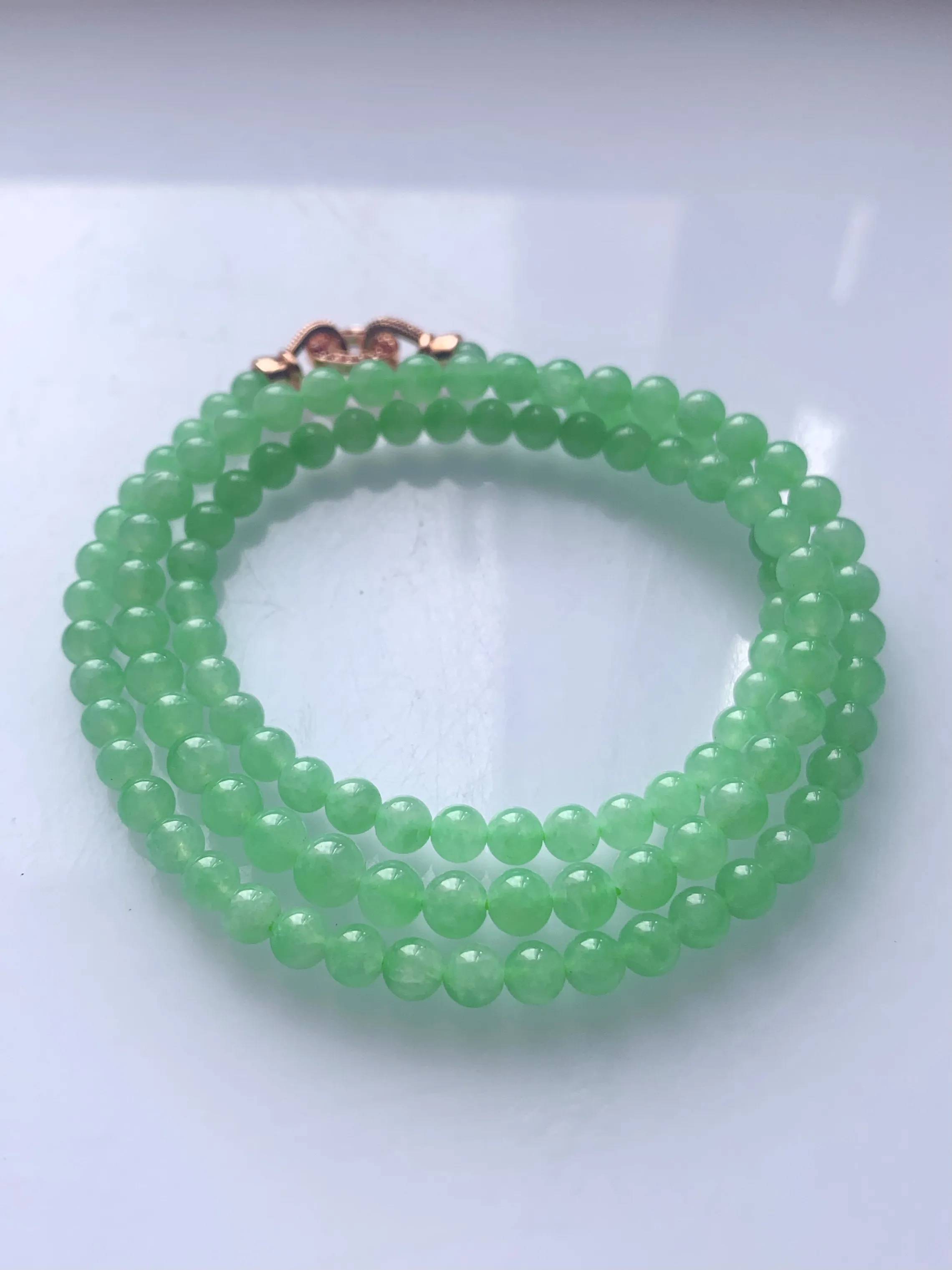 缅甸天然翡翠A货，冰种满绿甜绿步步高升塔珠圆珠项链手链，尺寸：大珠约5.6mm小珠约4.4mm，9-