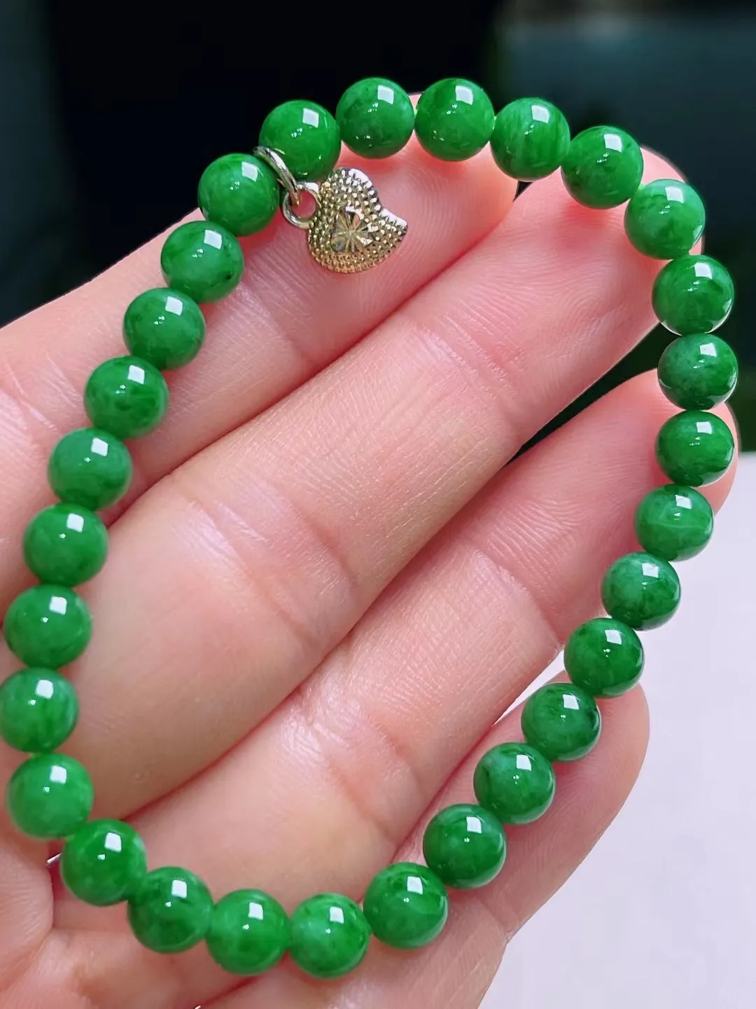 强力推荐，天然A货翡翠，满绿玉珠手链，尺寸6.0