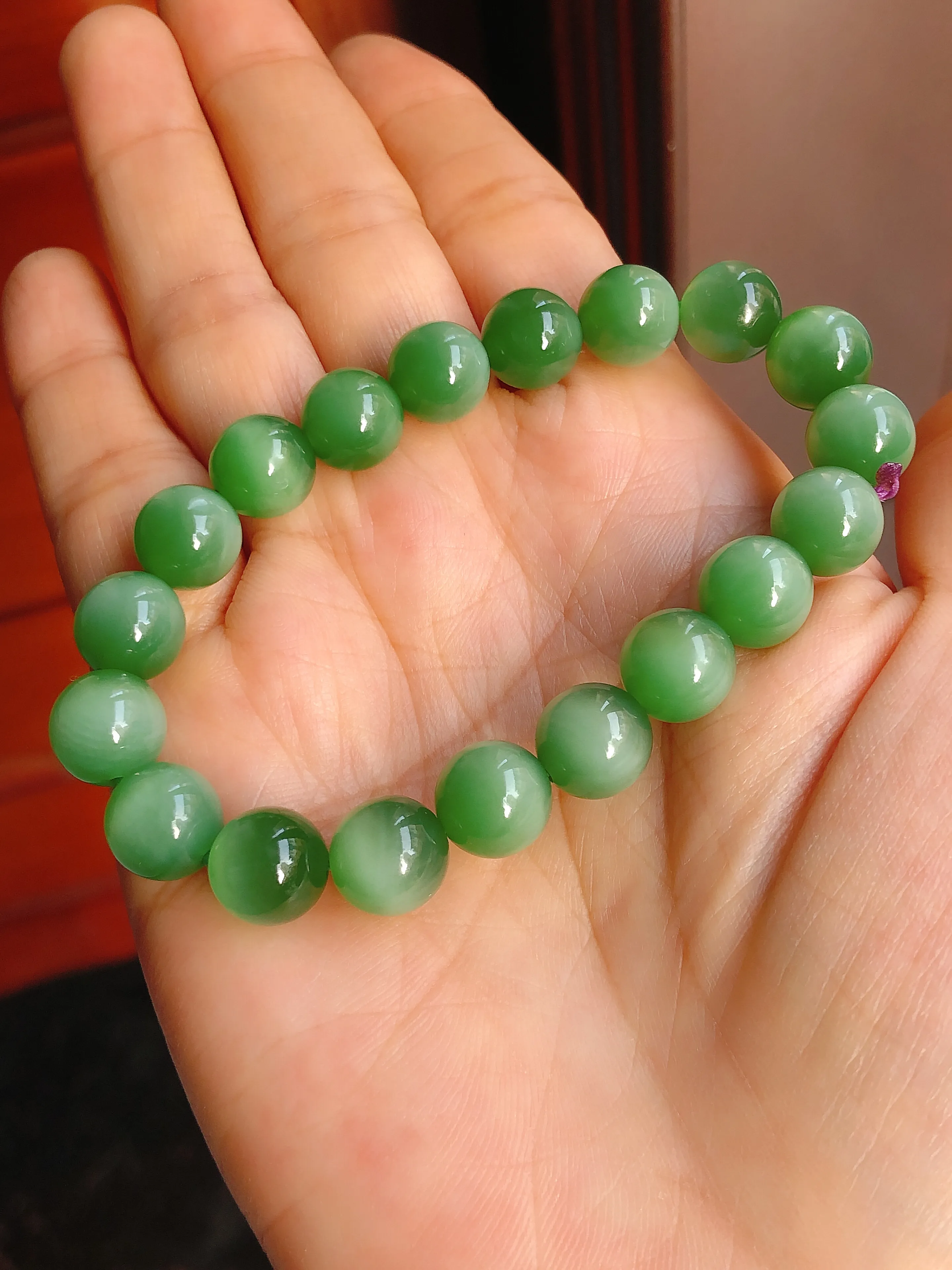 一线天 老坑碧玉阳绿色猫眼手串10尺寸