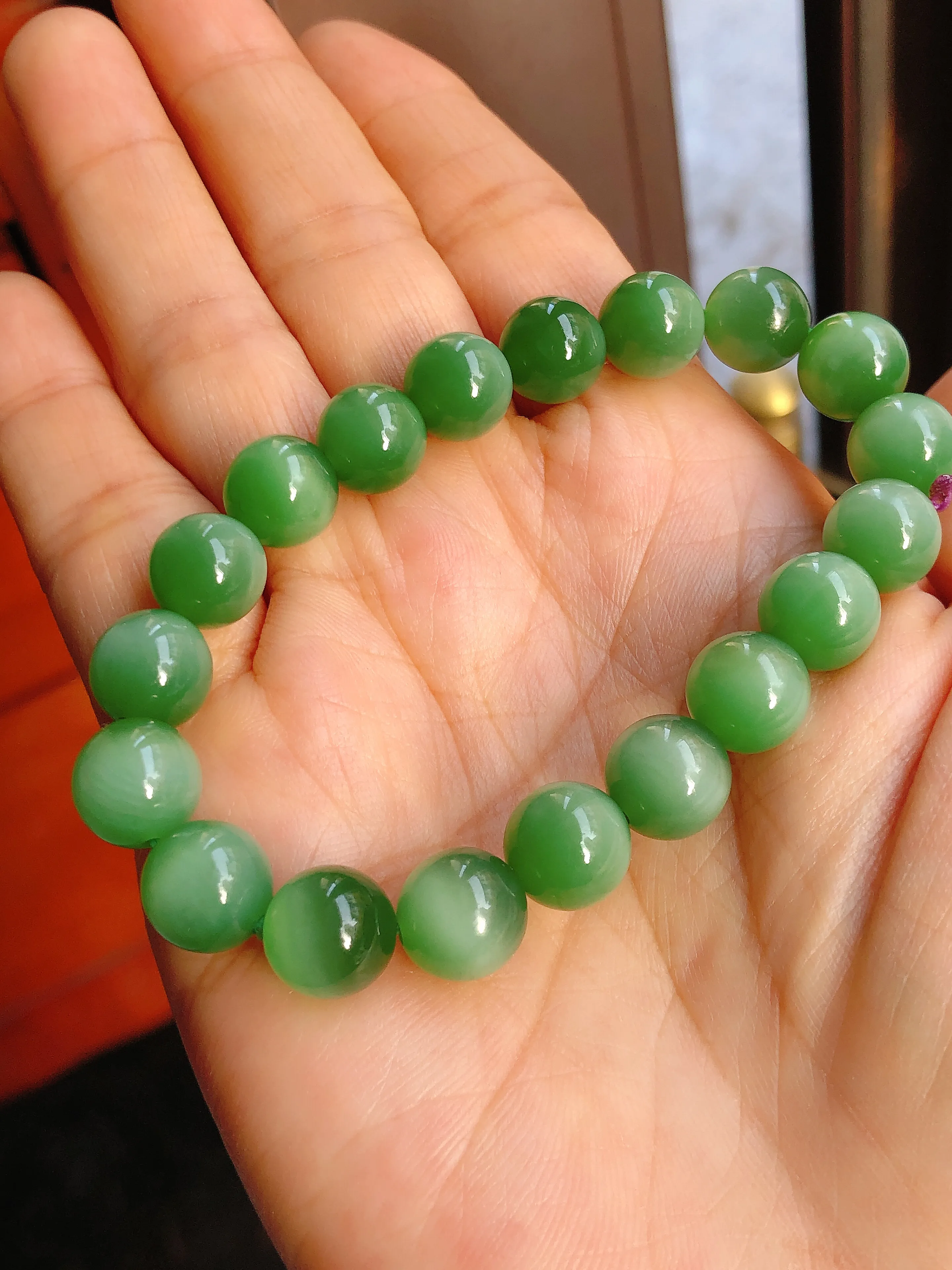 一线天 老坑碧玉阳绿色猫眼手串10尺寸
