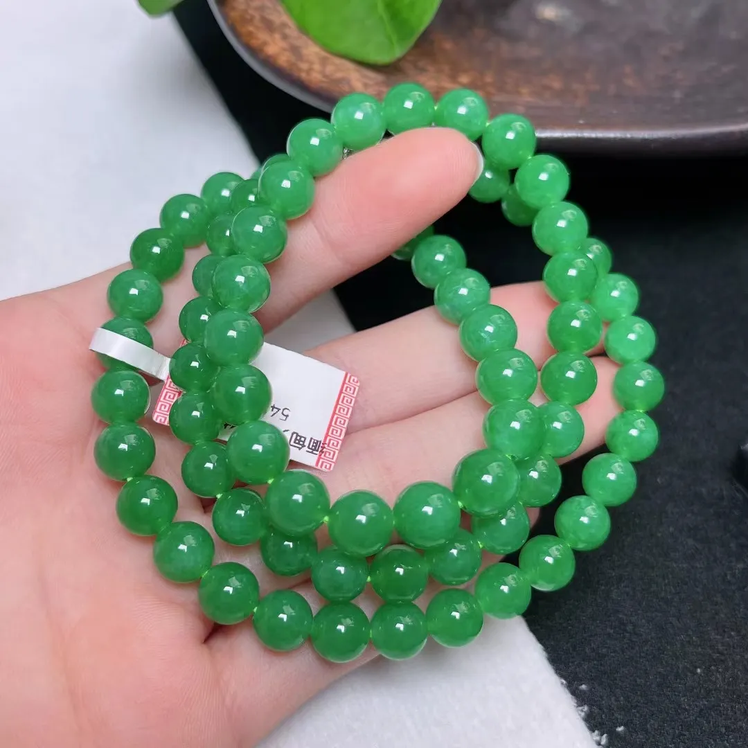冰润满阳绿圆珠项链满绿项链 珠圆玉润
尺寸：7.8mm 重量：54.48g 缅甸天然A货翡翠