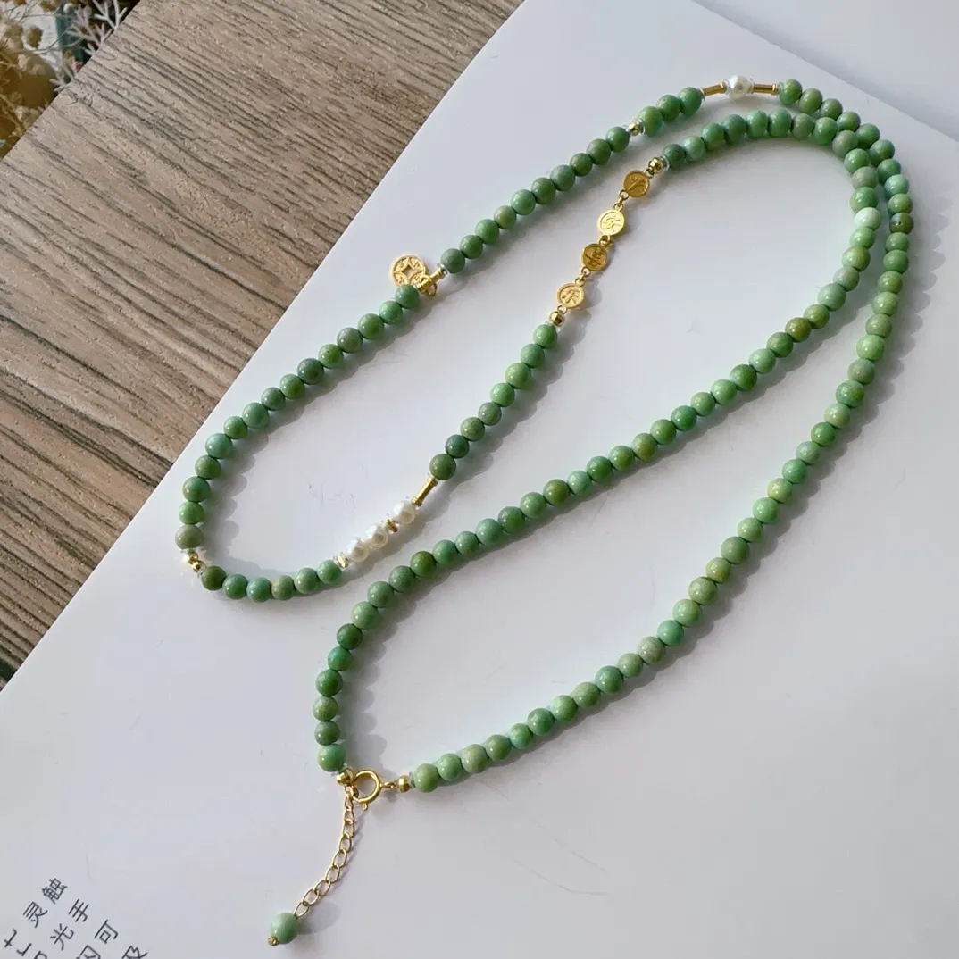天然原矿绿松石手链项链两用，果绿色高瓷精品，18k金配饰，规格3.6mm左右，一件价，同款随机
