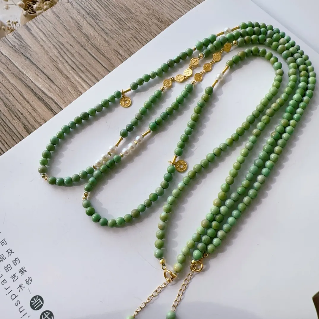 天然原矿绿松石手链项链两用，果绿色高瓷精品，18k金配饰，规格3.6mm左右，一件价，同款随机