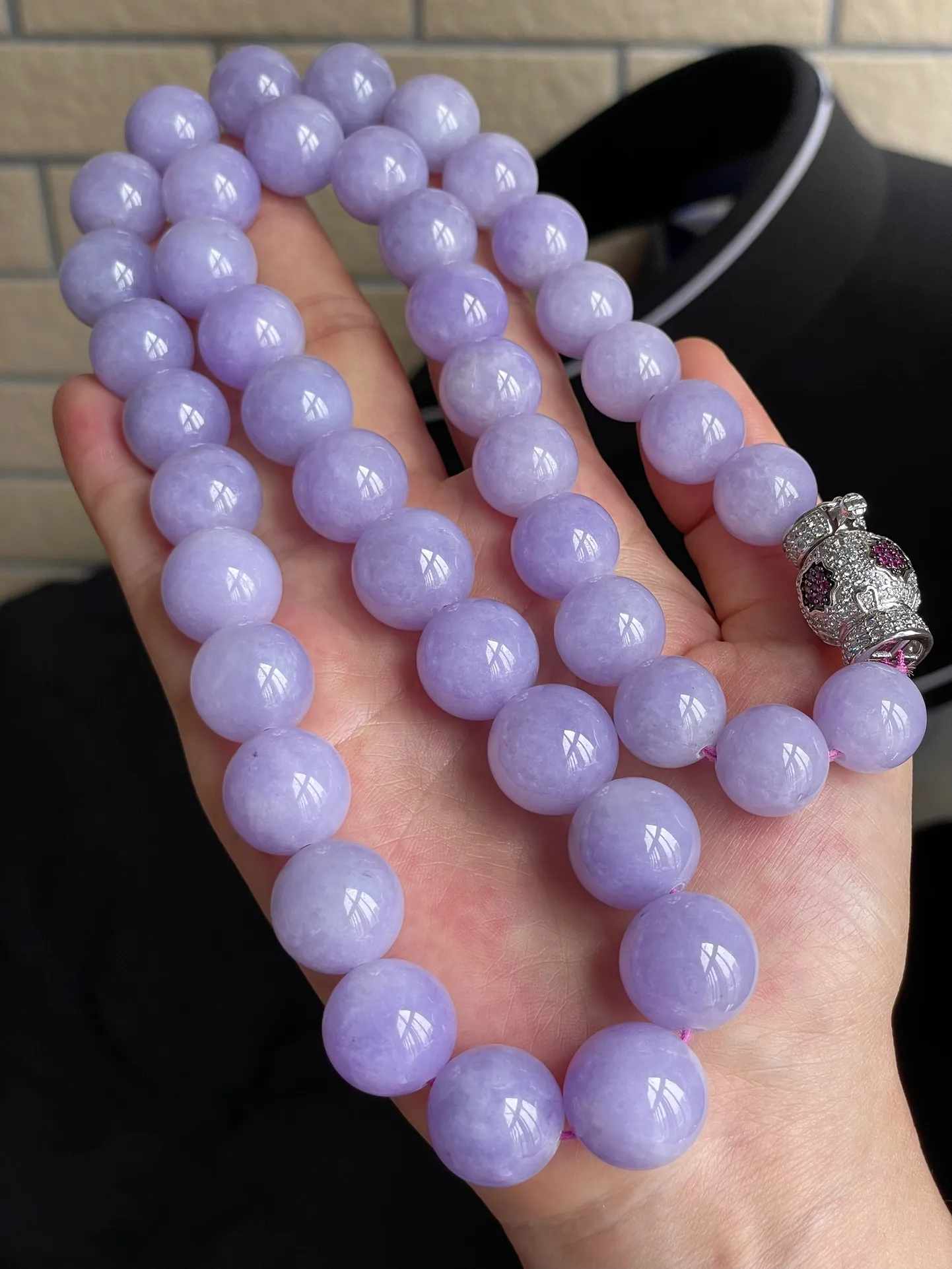 冰种紫罗兰圆珠项链，饱满水润，无裂，尺寸15-43颗编码424
