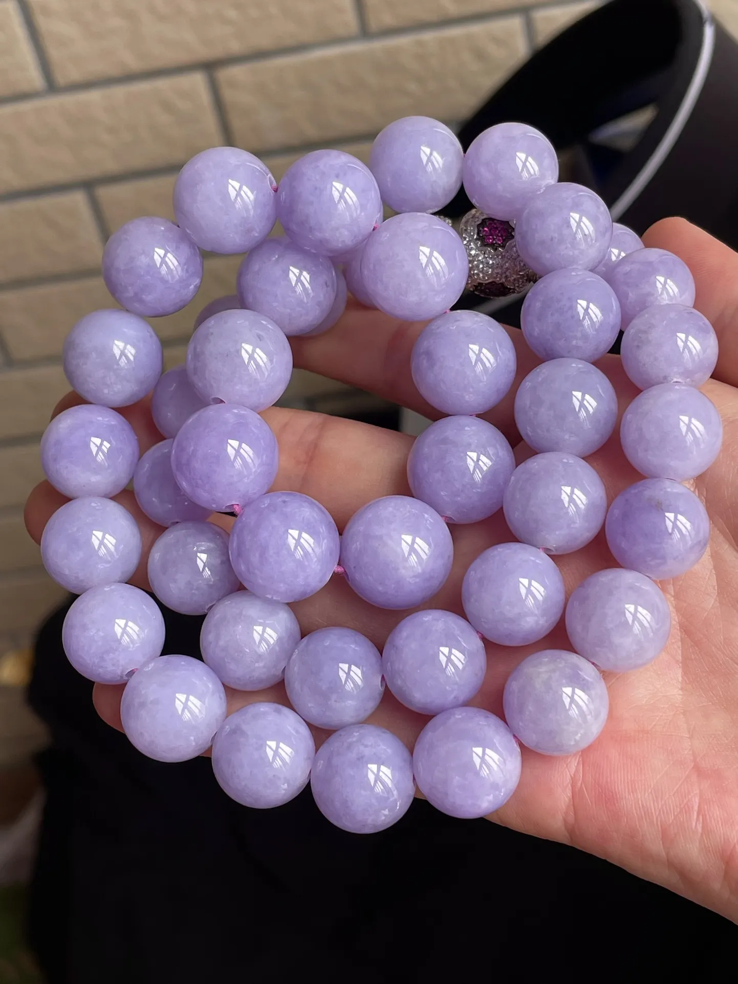 冰种紫罗兰圆珠项链，饱满水润，无裂，尺寸15-43颗编码424