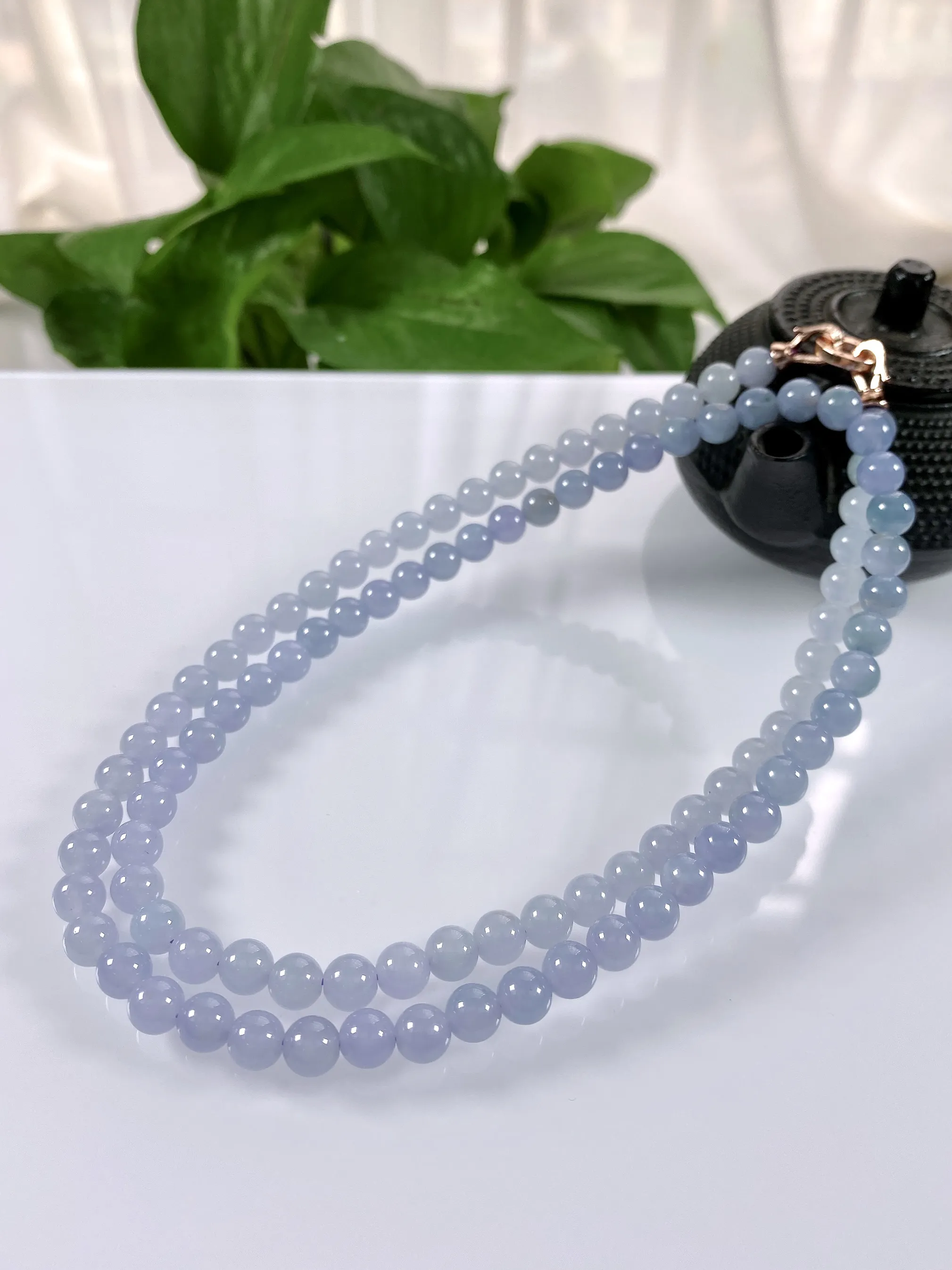 缅甸天然翡翠A货，卡6.2冰种起胶紫罗兰冰紫圆珠项链手链，尺寸：6.2mm/98颗，长度580mm，重量：40.20g