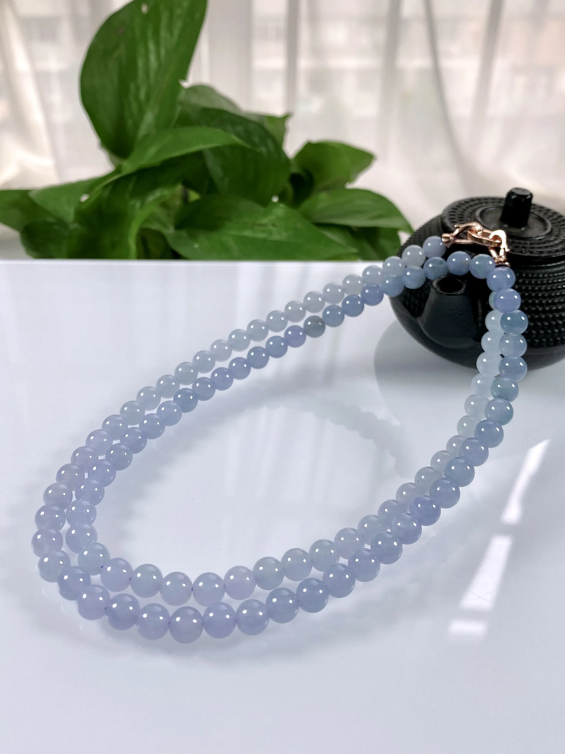 缅甸天然翡翠A货，卡6.2冰种起胶紫罗兰冰紫圆珠项链手链，尺寸：6.2mm/98颗，长度580mm，