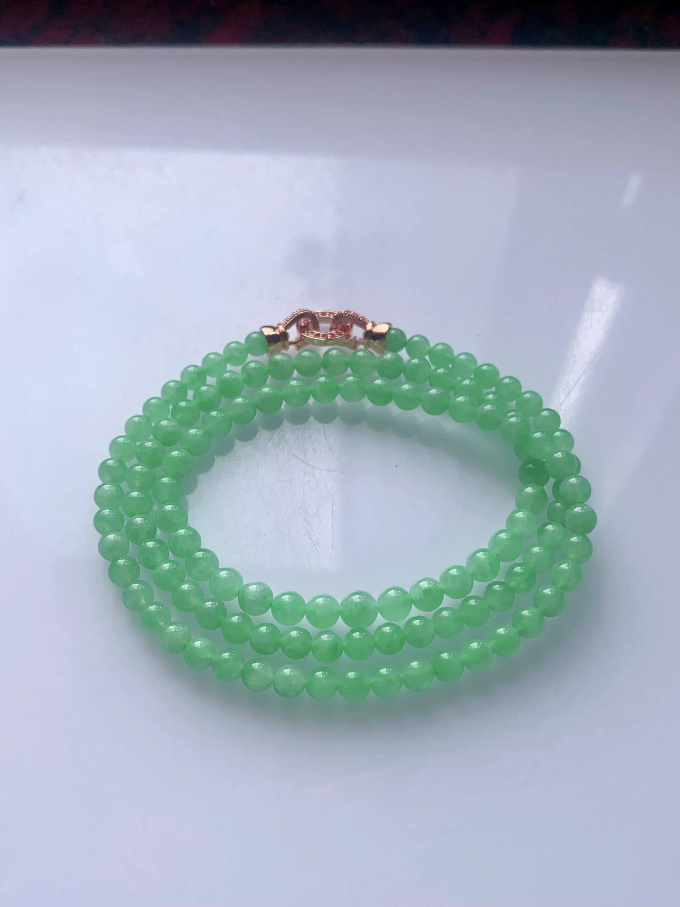缅甸天然翡翠A货，冰种满绿甜绿步步高升塔珠圆珠项链手链，尺寸：大珠约5.6mm小珠约4.4mm，9-4#