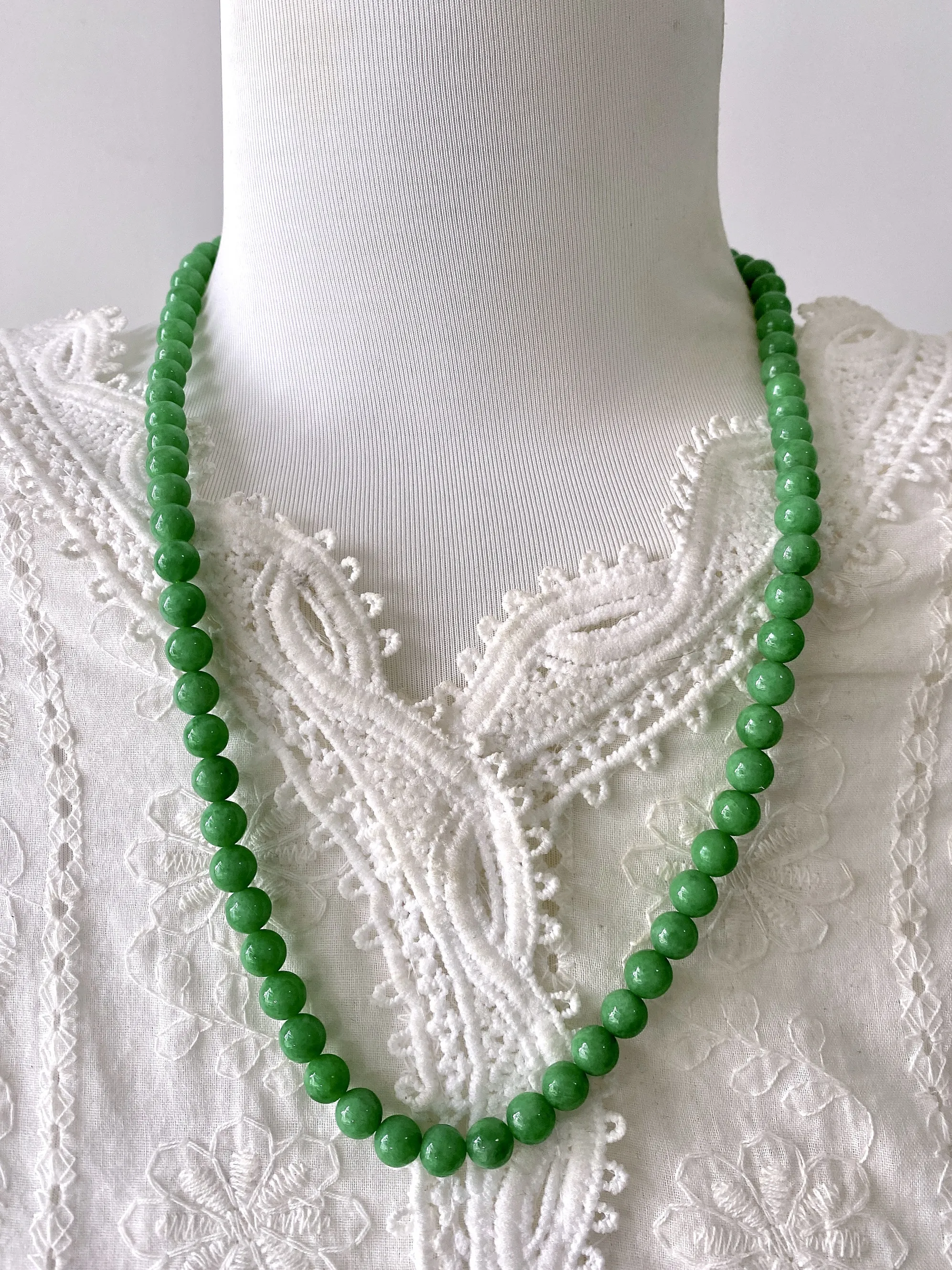 缅甸天然翡翠A货，卡7.5冰润满绿阳绿圆珠项链手链，尺寸：7.5mm/78颗，长度560mm，重量：53.86g