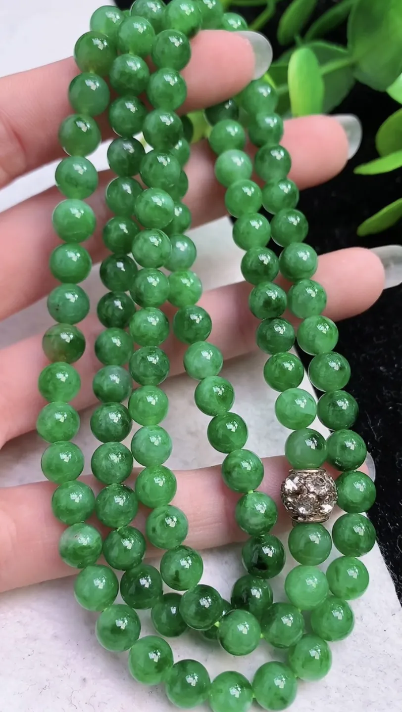 翡翠a货满绿圆珠项链108颗，尺寸 6.2，重量: 49.07gW