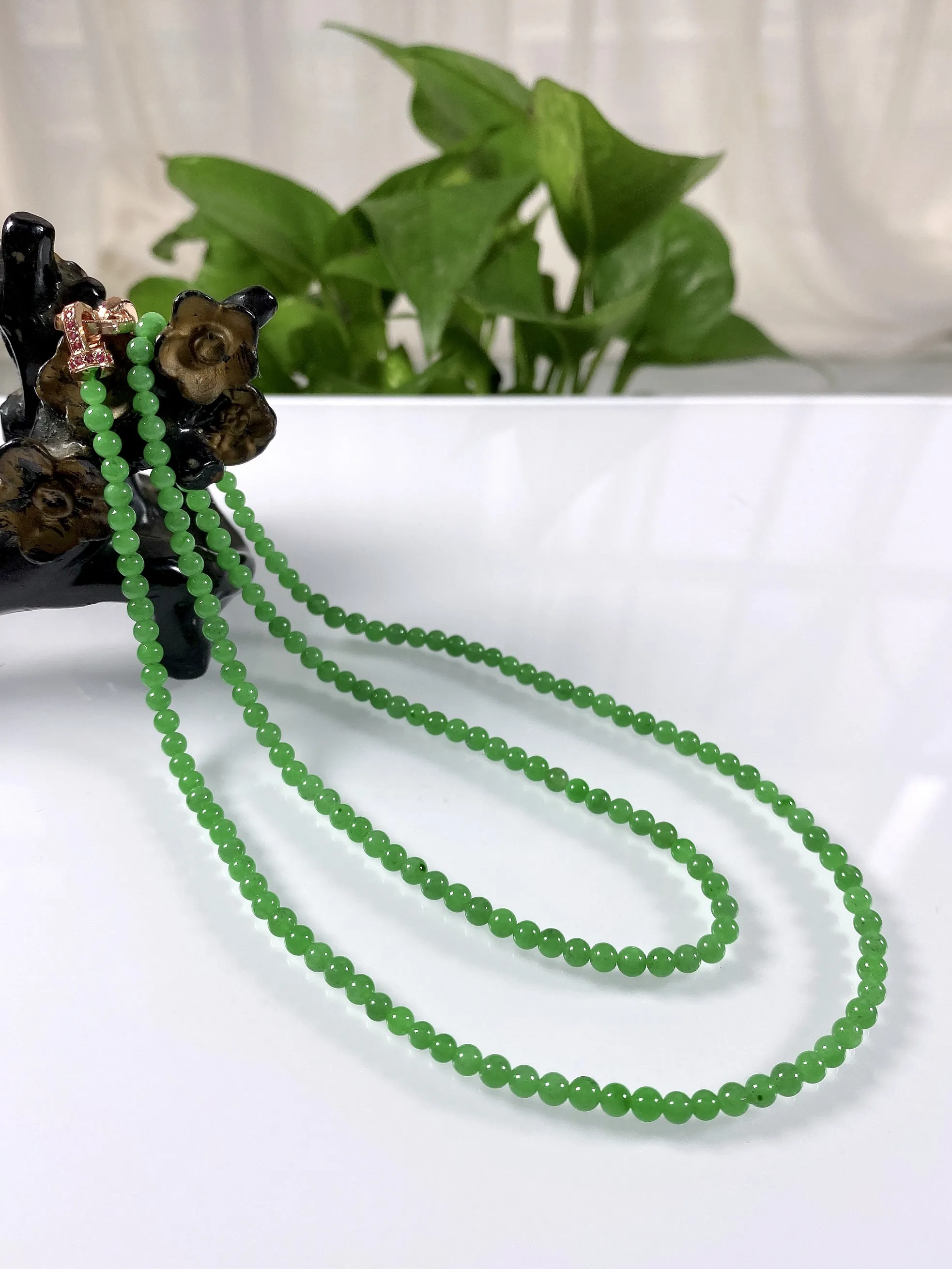 缅甸天然翡翠A货，高冰种满绿正阳绿小米圆珠项链手链，尺寸：3.6mm/180颗，长度600mm，重量：13.99g