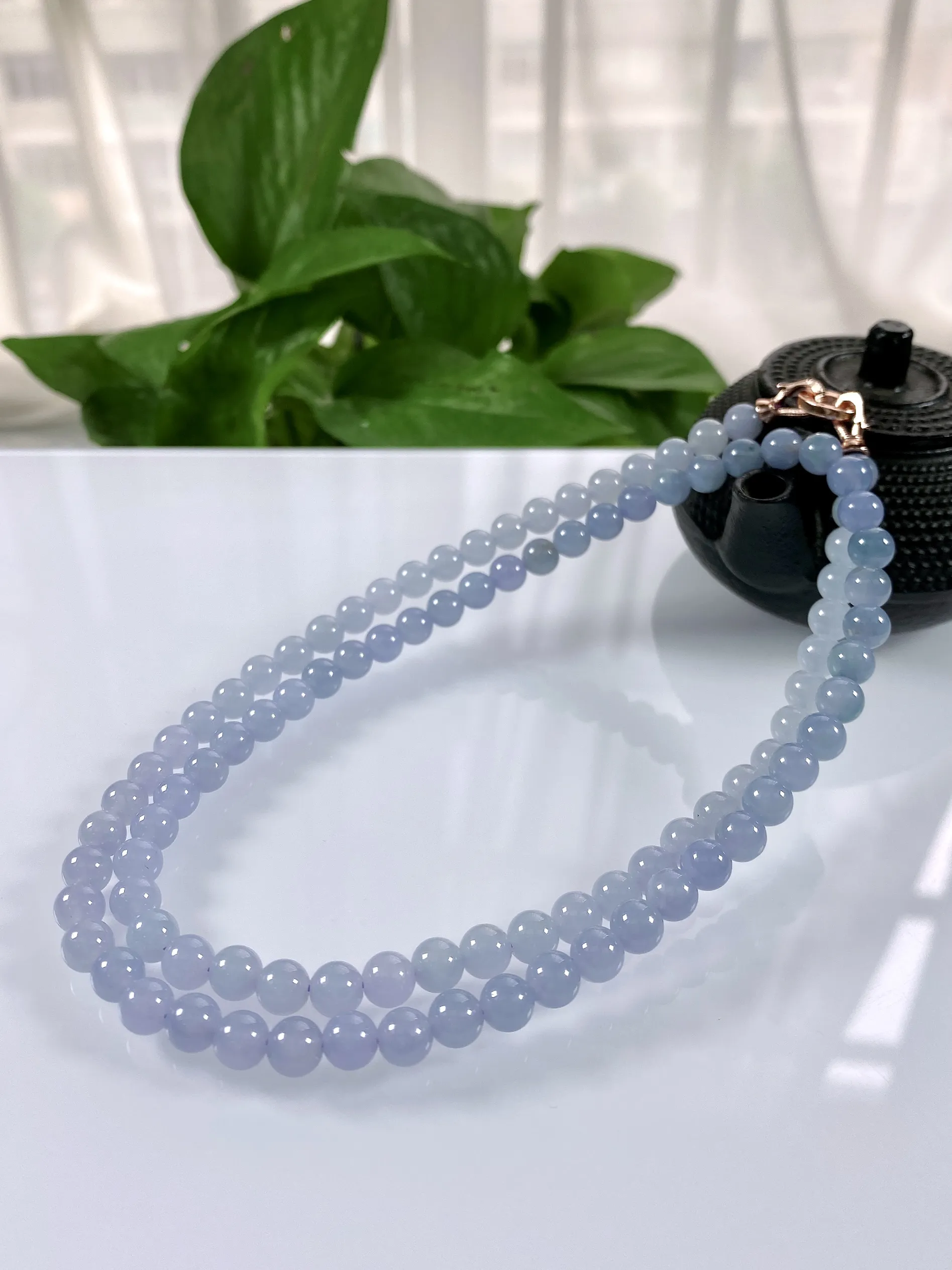 缅甸天然翡翠A货，卡6.2冰种起胶紫罗兰冰紫圆珠项链手链，尺寸：6.2mm/98颗，长度580mm，重量：40.20g