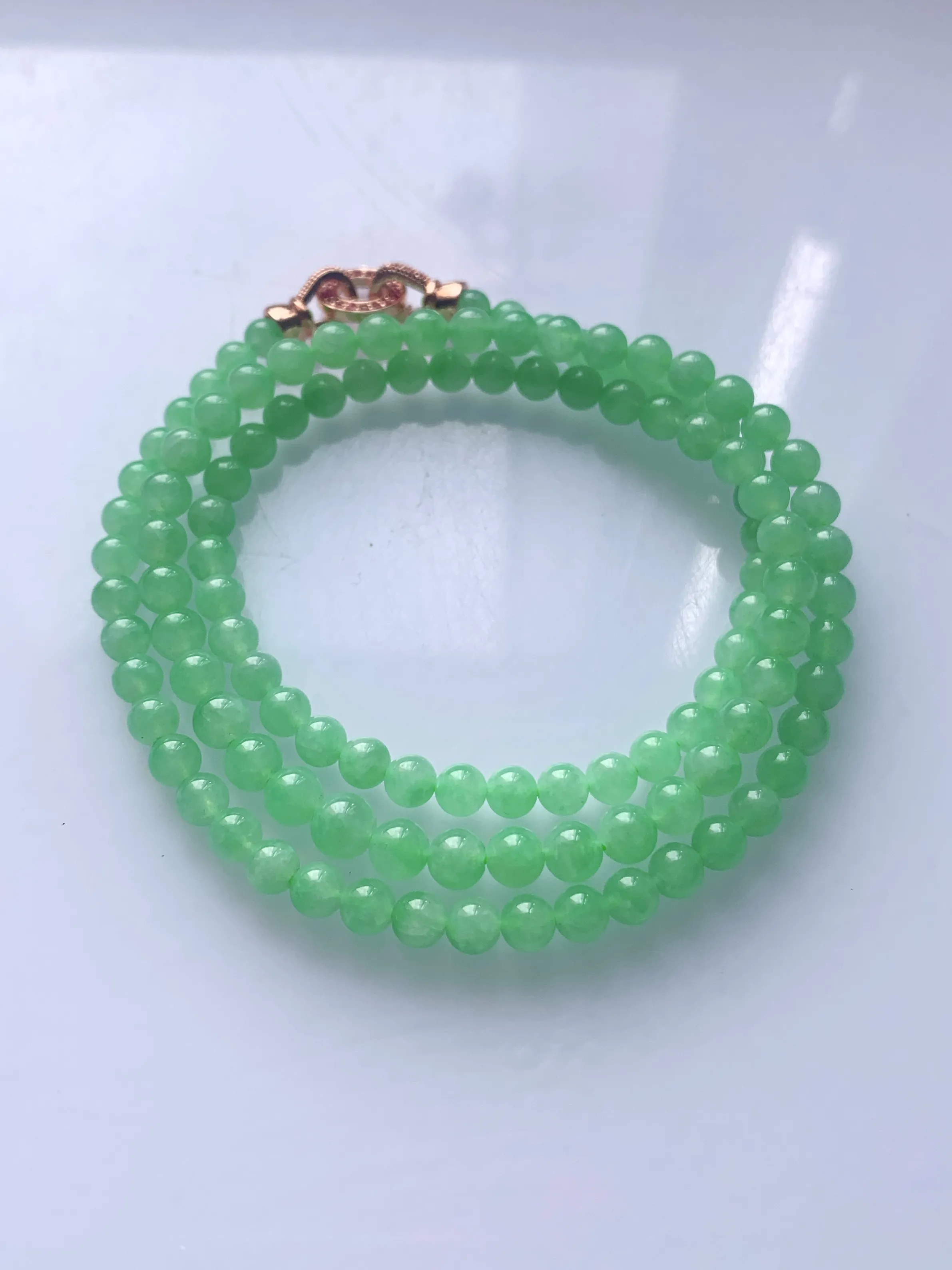 缅甸天然翡翠A货，冰种满绿甜绿步步高升塔珠圆珠项链手链，尺寸：大珠约5.6mm小珠约4.4mm，9-4#