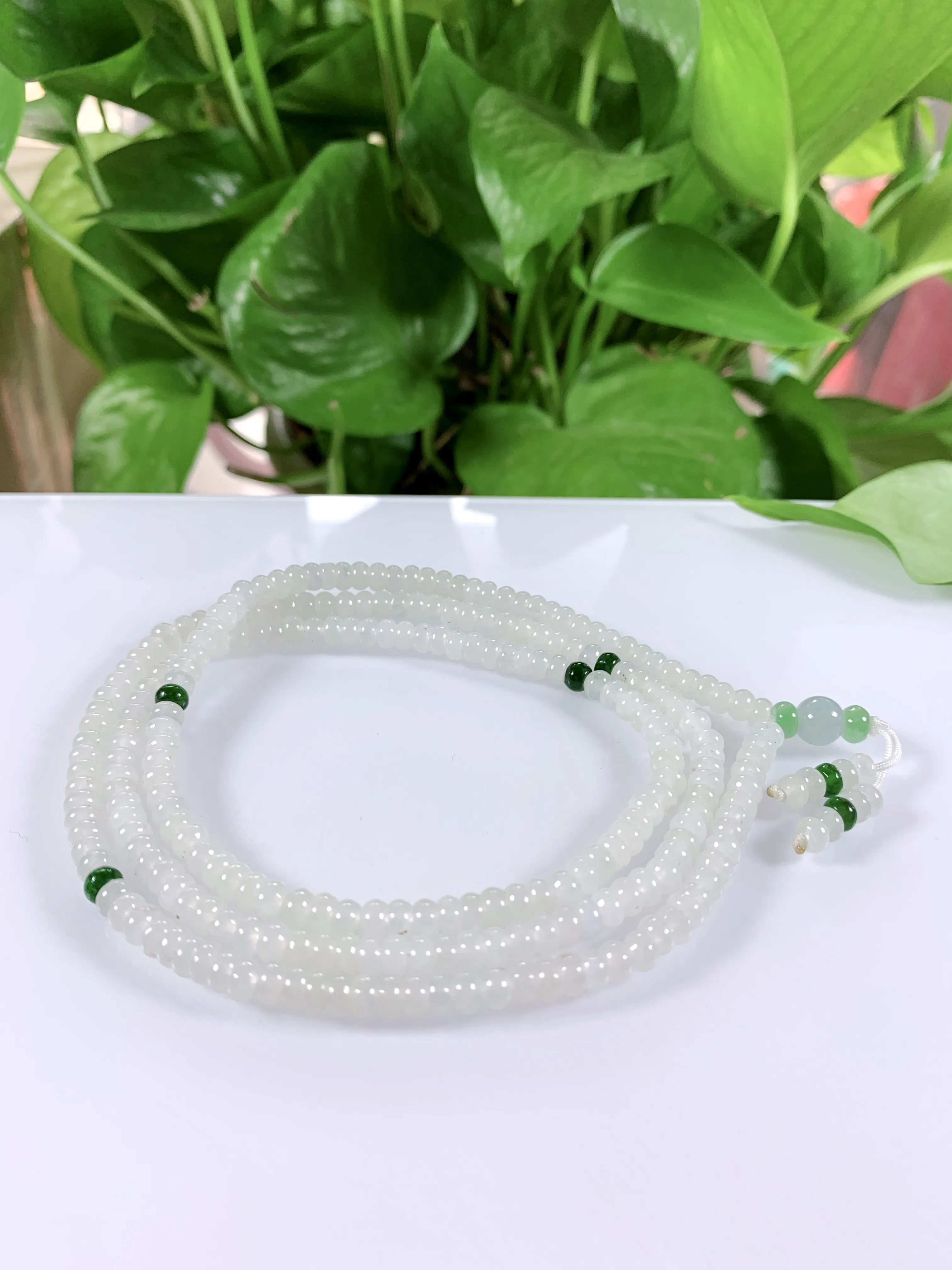 缅甸天然翡翠A货，冰种双彩算盘珠项链手链，尺寸：4.5/2.8mm，长度750mm，重量：约31g，