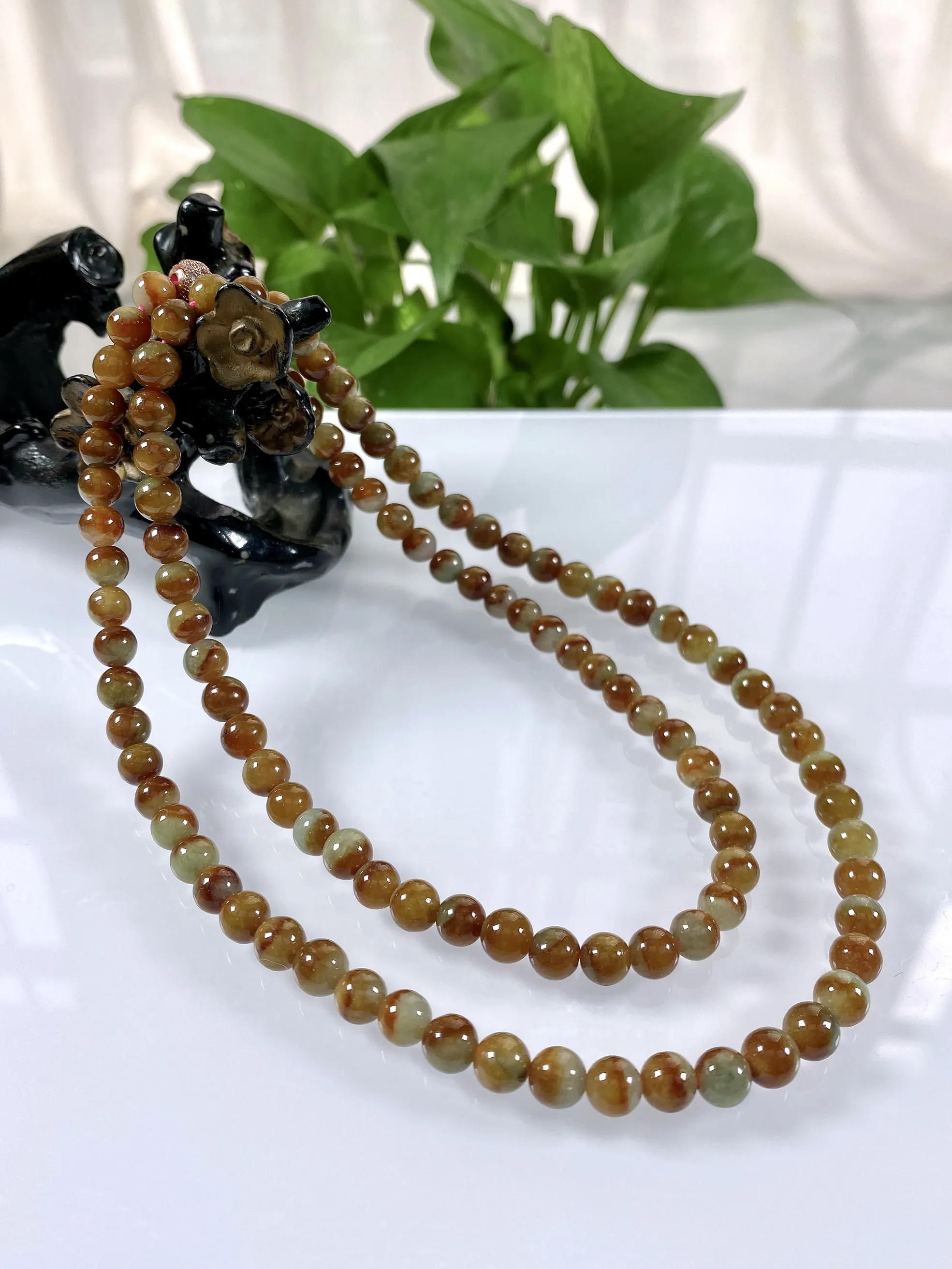 缅甸天然翡翠A货，冰润特色半山水黄翡圆珠项链手链，尺寸：6.6mm/108颗，长度660mm，重量：