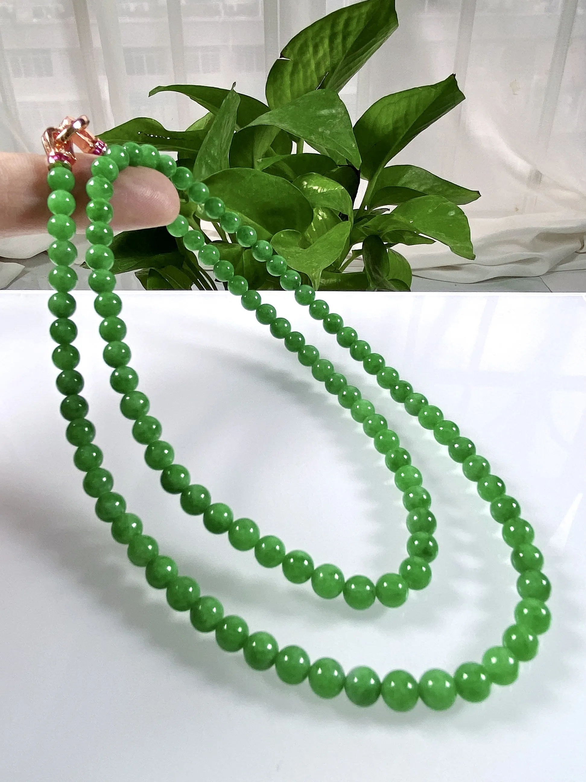 缅甸天然翡翠A货，水润满绿辣阳绿圆珠项链手链，尺寸：5.5mm/108颗，长度590mm，重量：32.00g