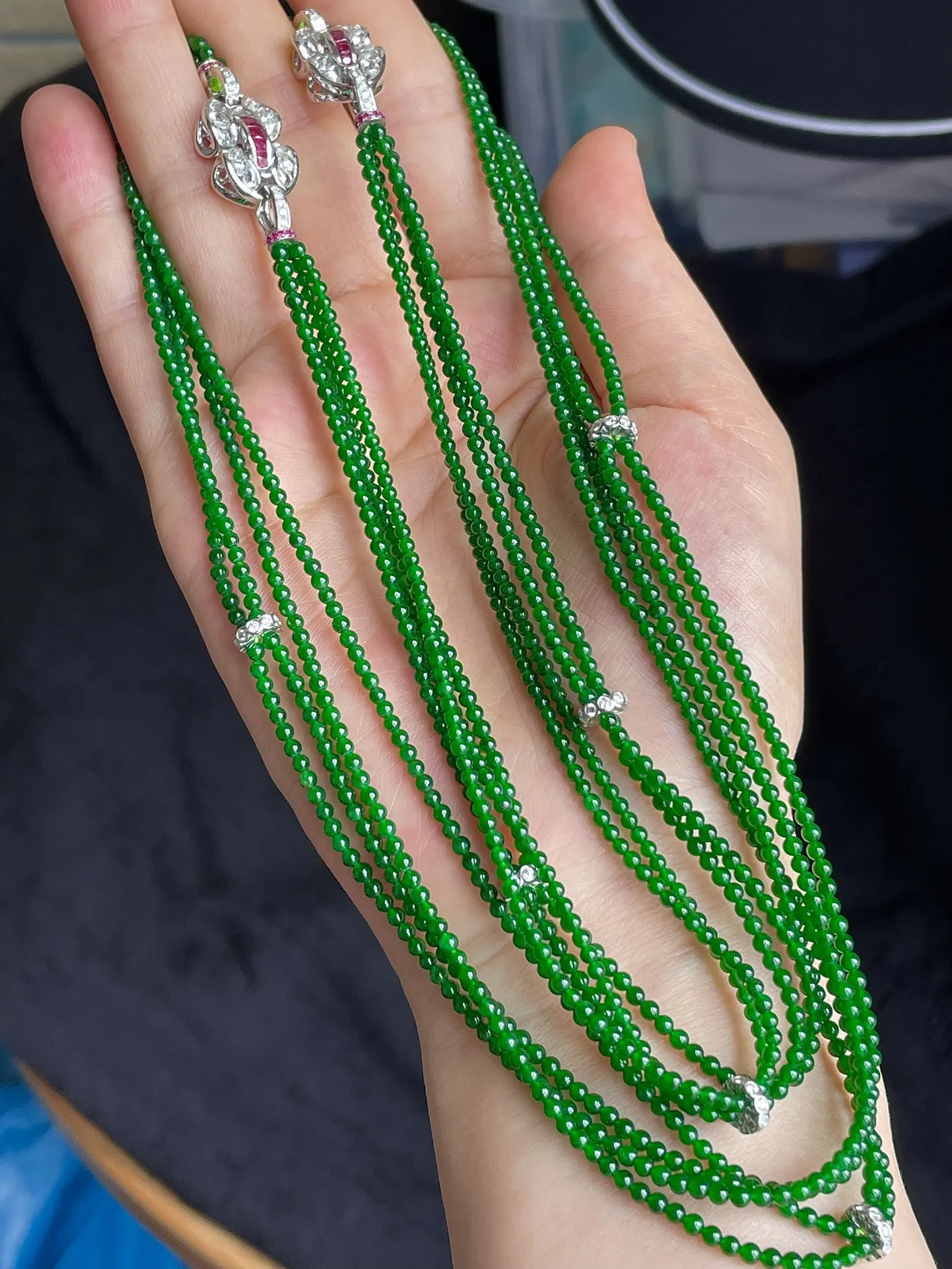 冰种辣绿珠链，晚装链，色辣水润，无裂，尺寸2-326mm编码55