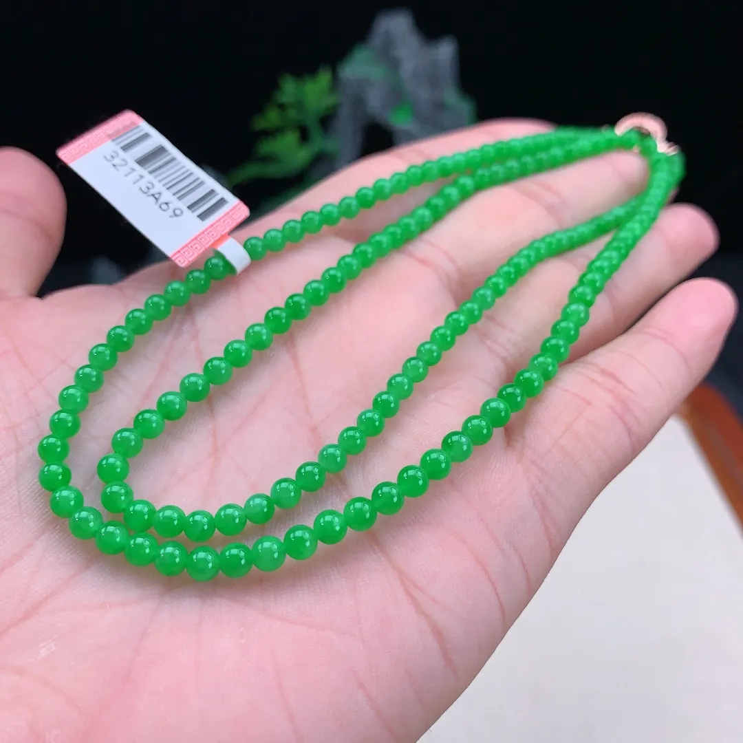冰润正阳绿圆珠项链 仙女珠链 色阳种好 尺寸3.6mm重量16.17g 缅甸天然A货翡翠