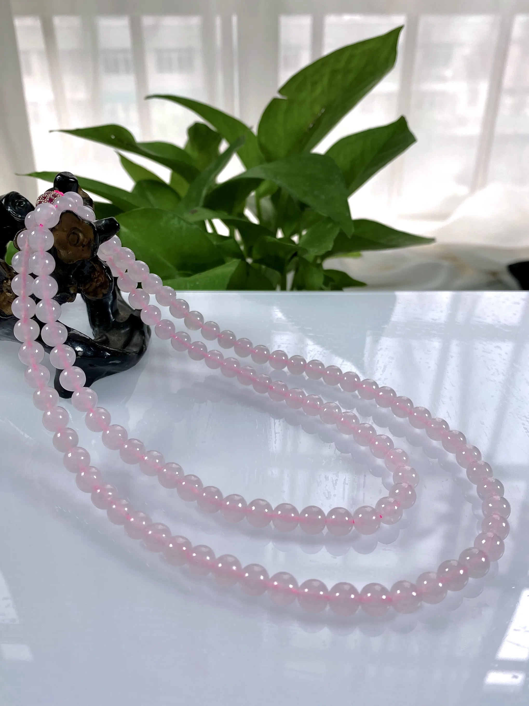缅甸天然翡翠A货，卡6.8冰种起光起胶浅粉色圆珠项链手链，尺寸：6.8mm，长度690mm，重量：约