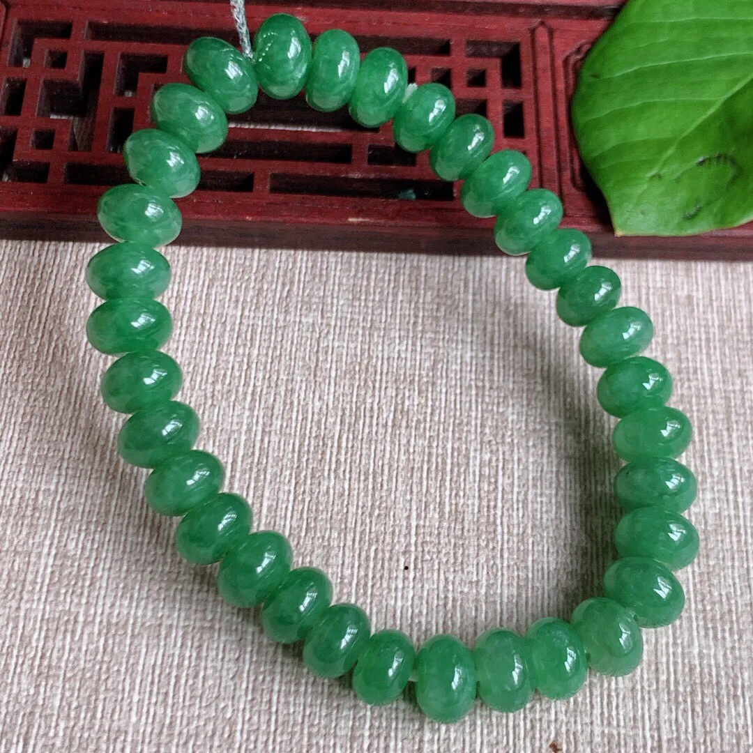 天然A货翡翠老坑种满绿算盘珠手串33颗 尺寸8×5.3mm