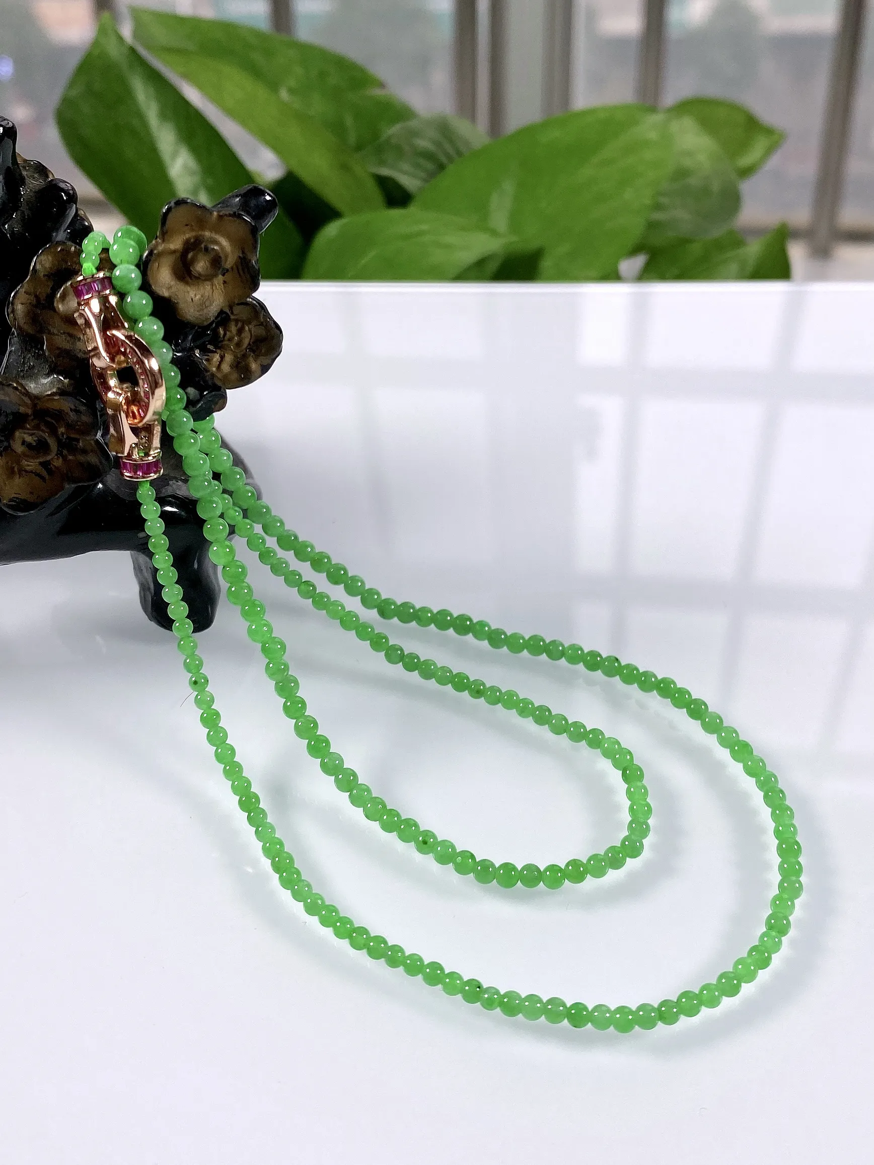 缅甸天然翡翠A货，冰种满绿阳绿步步高升塔珠小米圆珠项链手链，尺寸：大珠3.4mm，小珠2.3mm，共