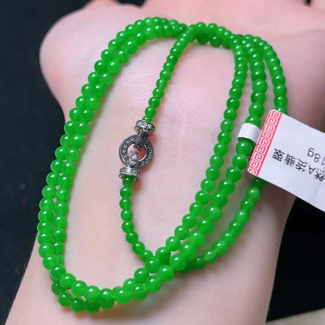 天然翡翠A货 满绿圆珠项链 翡翠珠链 小米珠 尺寸 3.1mm  重  8.18g
