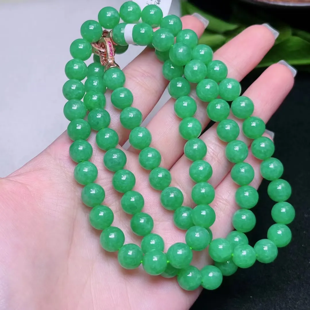 天然翡翠A货 满绿圆珠项链 尺寸 7.7mm  重  67.76g