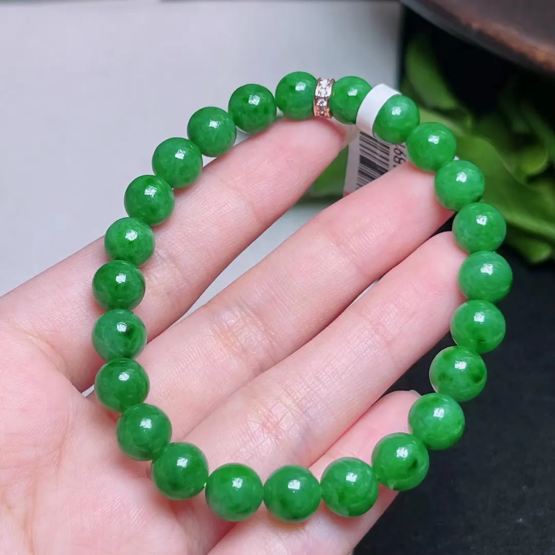 天然翡翠A货 满绿圆珠手串 绿色手链 尺寸 7.4mm  重  18.39g