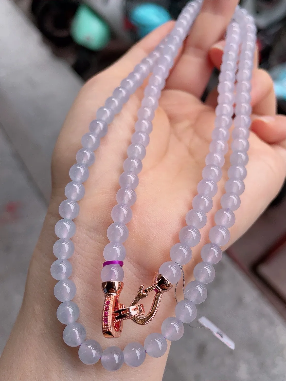 缅甸天然A货翡翠冰紫珠链，6mm*108颗。-1361