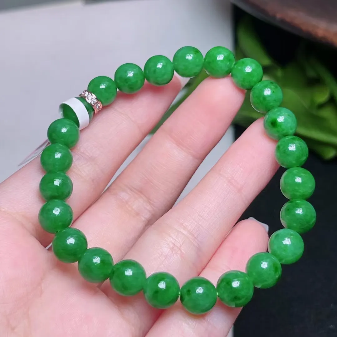 天然翡翠A货 满绿圆珠手串 绿色手链 尺寸 7.4mm  重  18.39g