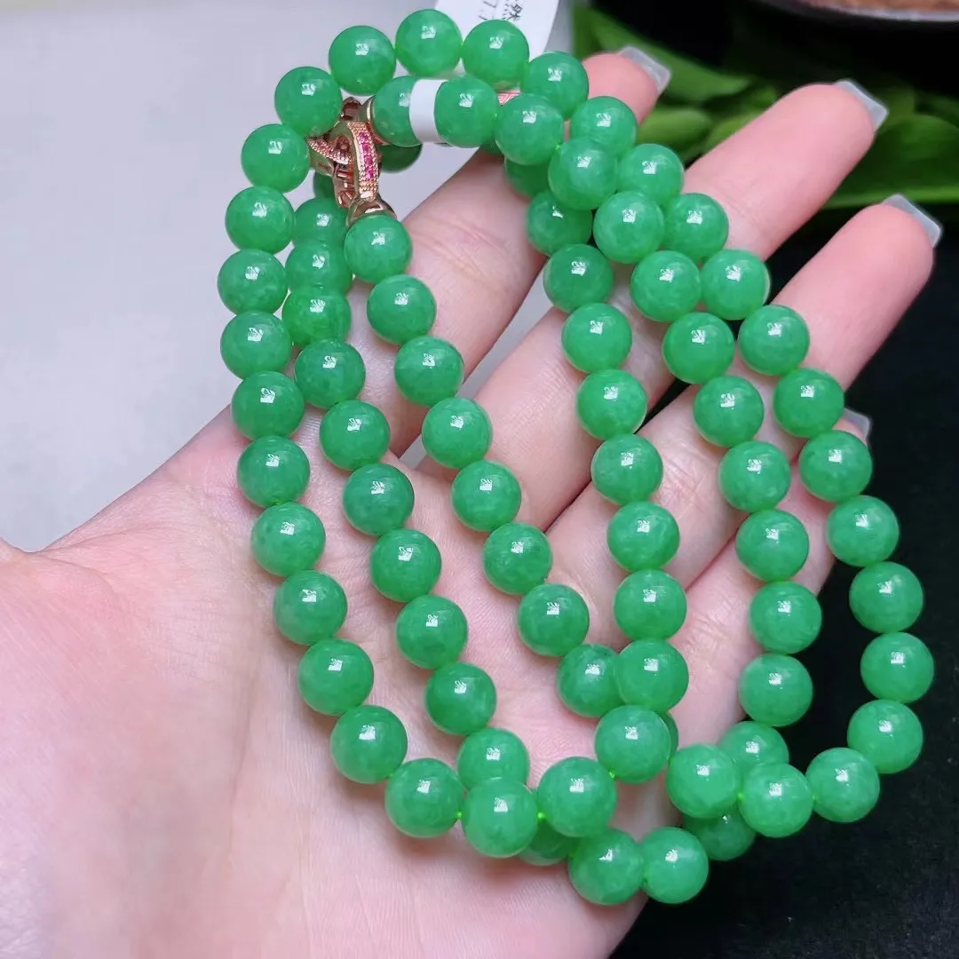 天然翡翠A货 满绿圆珠项链 尺寸 7.7mm  重  67.76g