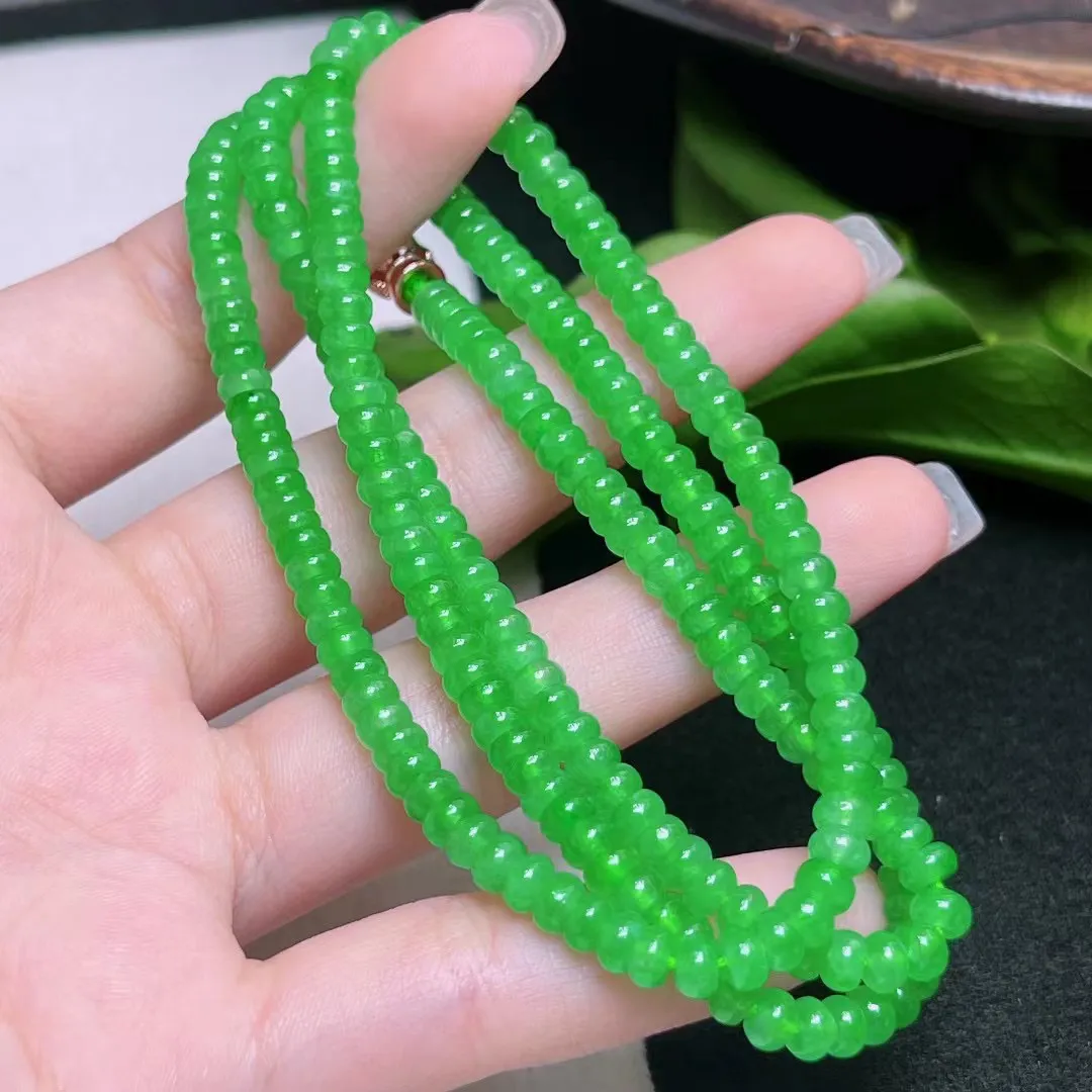 天然翡翠A货 满绿算盘珠项链  尺寸 4.2mm  重  23.22g
