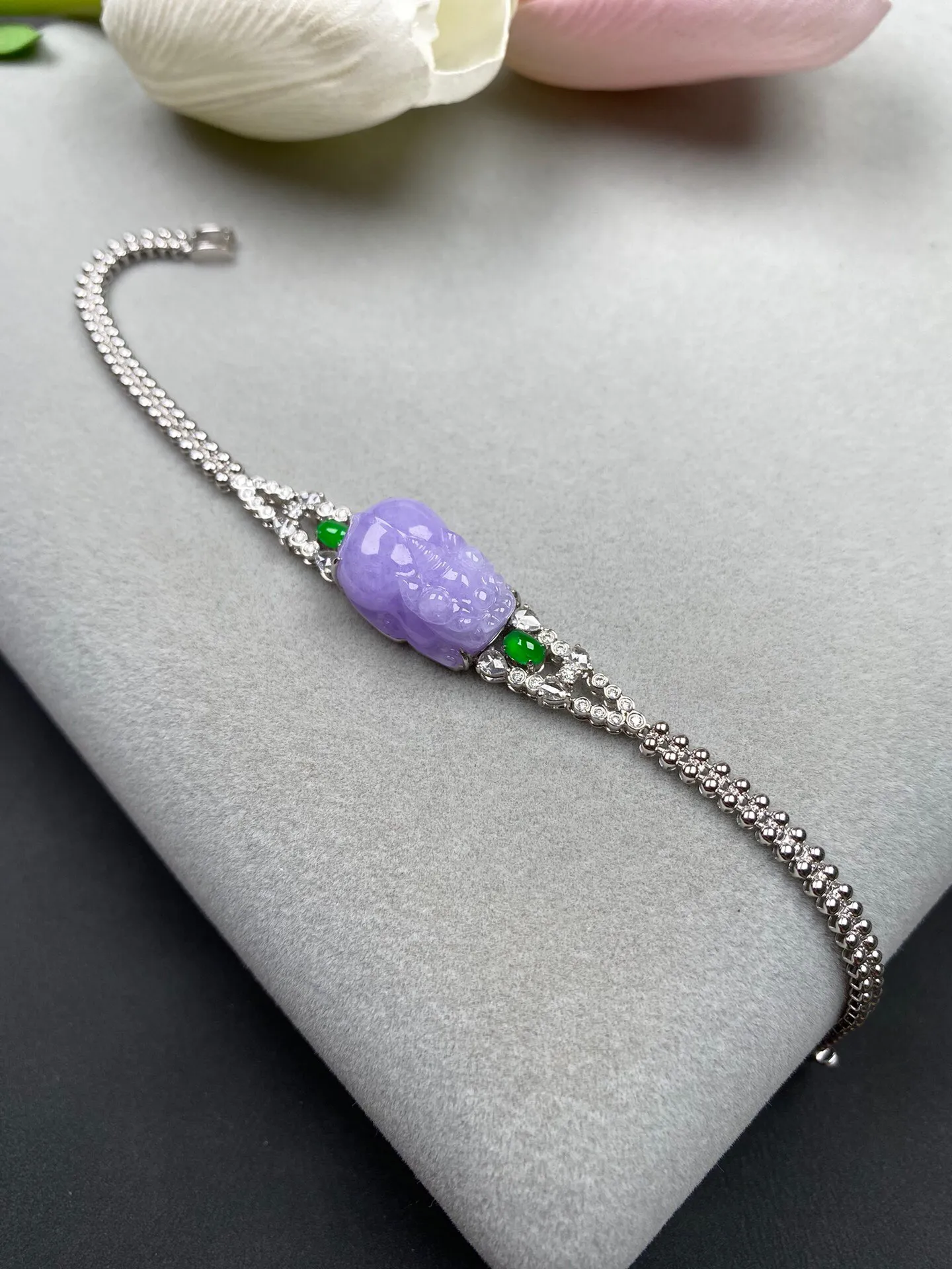 冰糯种紫罗兰貔貅手链 总长度约125毫米裸石19-11.7-9.8毫米 色彩艳丽 独特精美