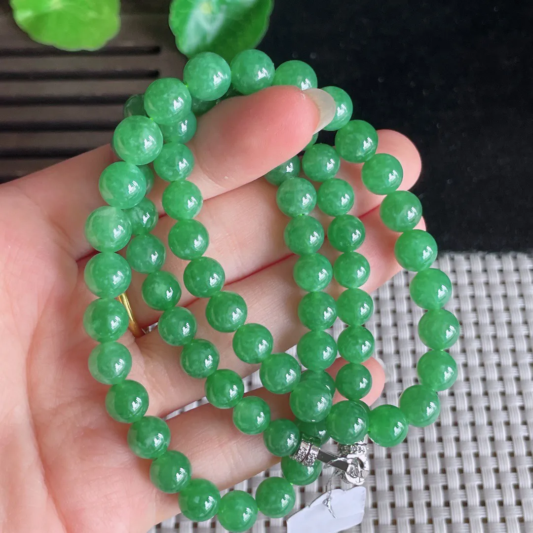 翡翠a货满绿圆珠项链72颗，尺寸 7.2， 52.37
