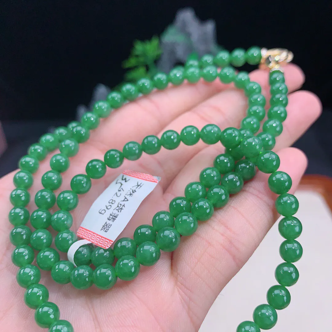 满绿圆珠项链 珠圆玉润 色泽鲜艳 尺寸6mm重量42.89g 缅甸天然A货翡翠