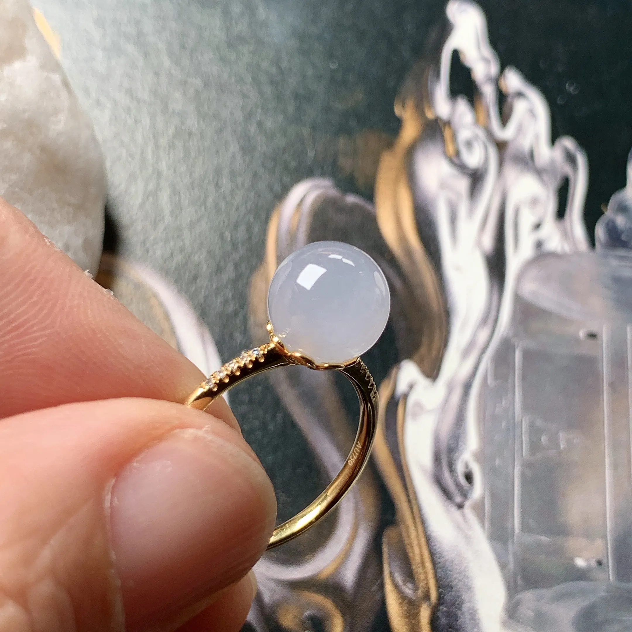 【单珠戒指】冰淡紫珠子镶嵌戒指，8.5毫米直径，质地细腻，冰感十足