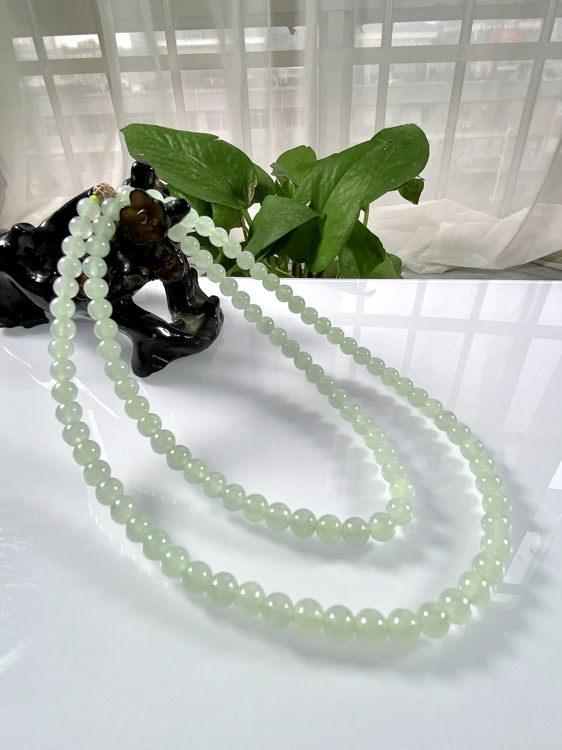缅甸天然翡翠A货，卡6冰种起胶浅色冰晴圆珠项链手链，尺寸：6mm/108颗，长度610mm，重量：3